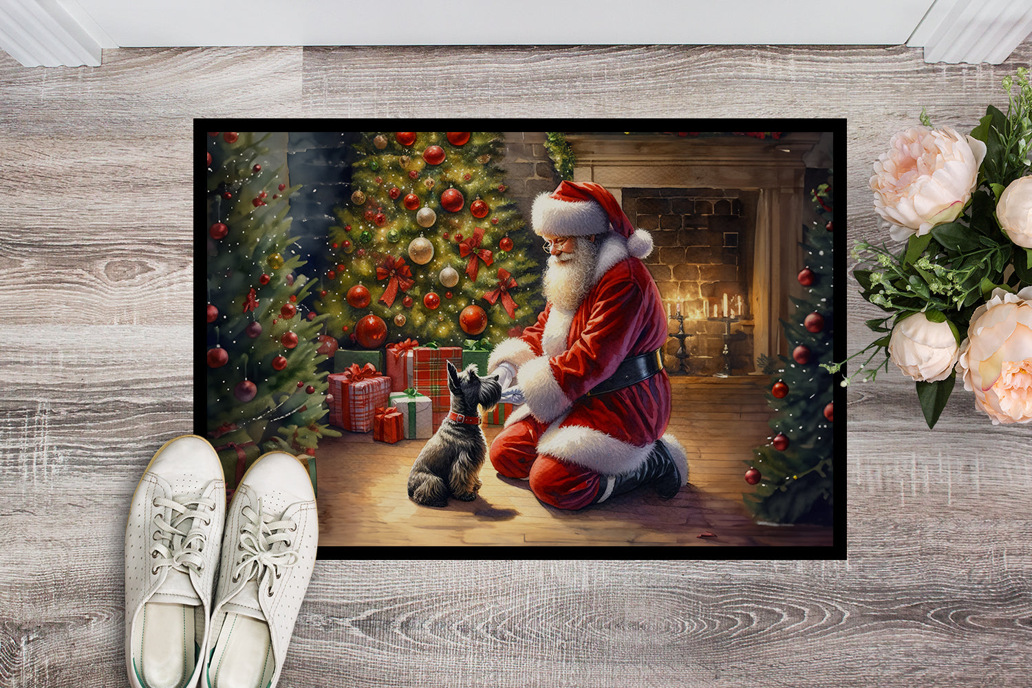 Scottish Terrier and Santa Claus Doormat Indoor Outdoor 24H X 36W Front Door Mat Rugs for Entryway, Non Slip Washable Low Pile,