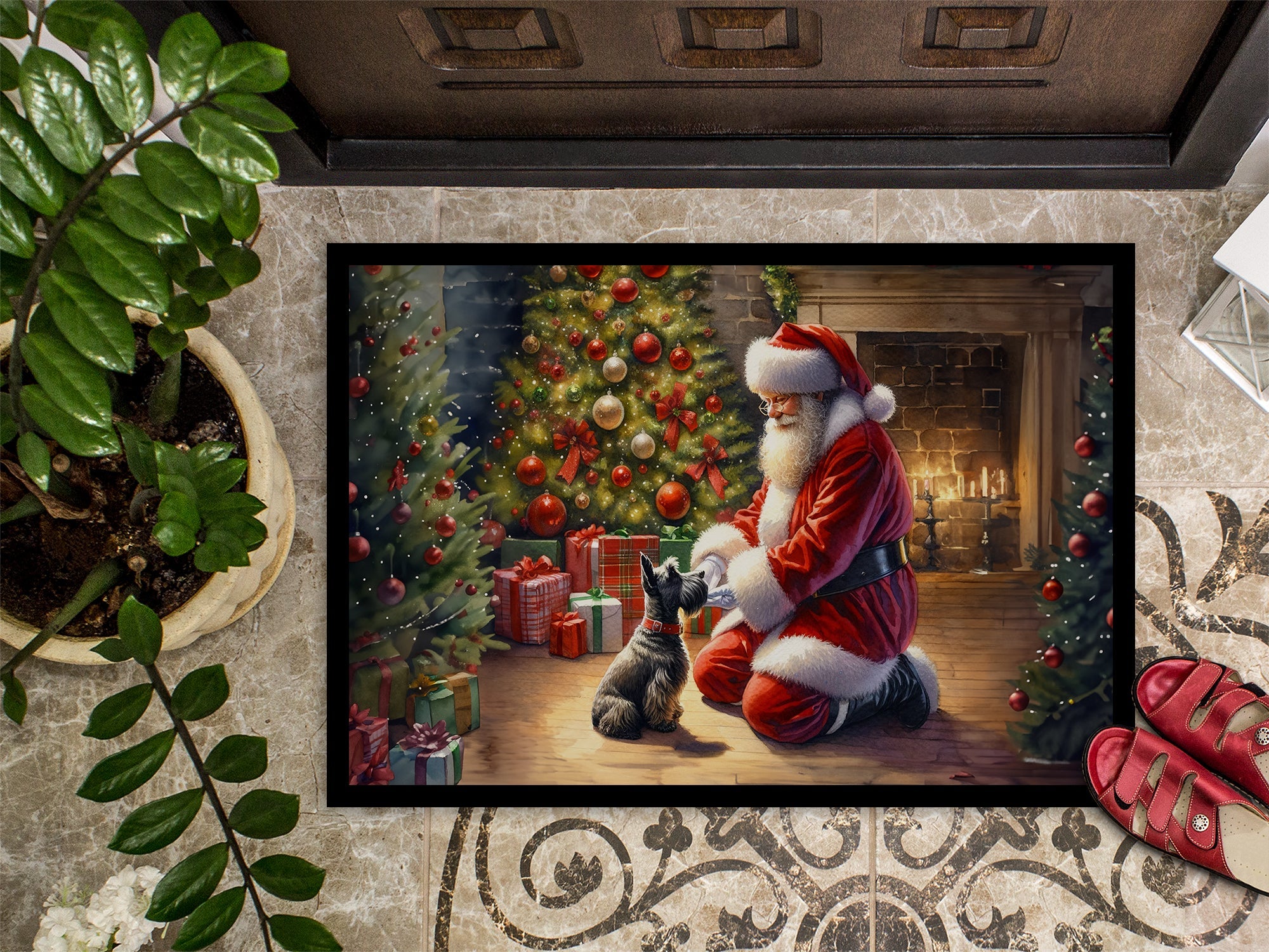Scottish Terrier and Santa Claus Doormat Indoor Outdoor 24H X 36W Front Door Mat Rugs for Entryway, Non Slip Washable Low Pile,
