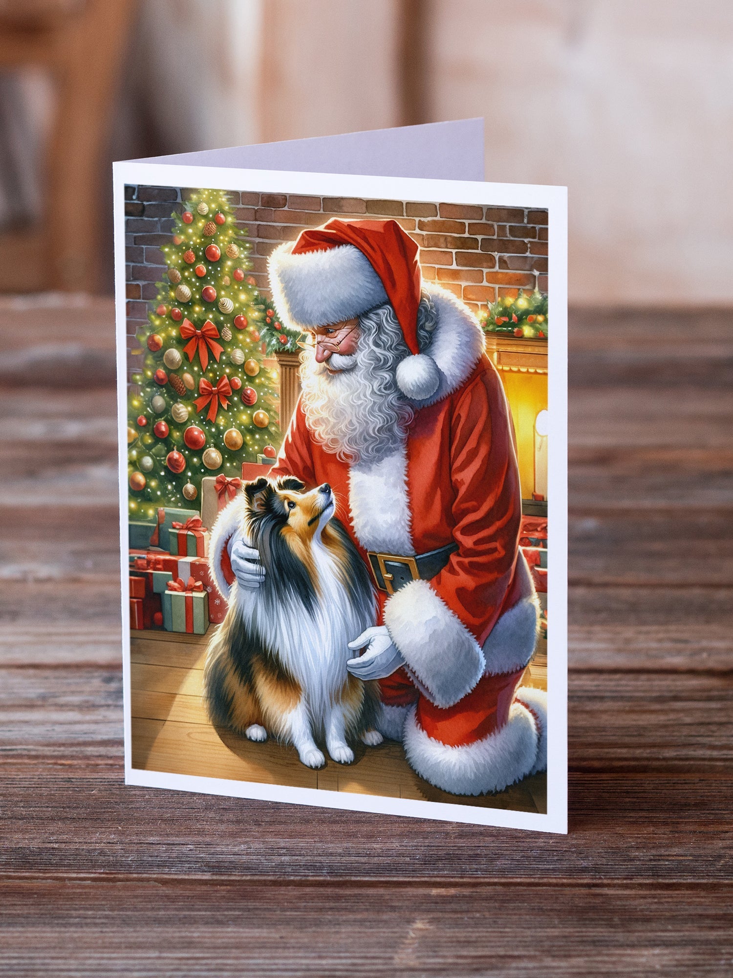 Sheltie and Santa Claus Greeting Cards Pack of 8 Blank Cards with Envelopes Whimsical A7 Size 5x7