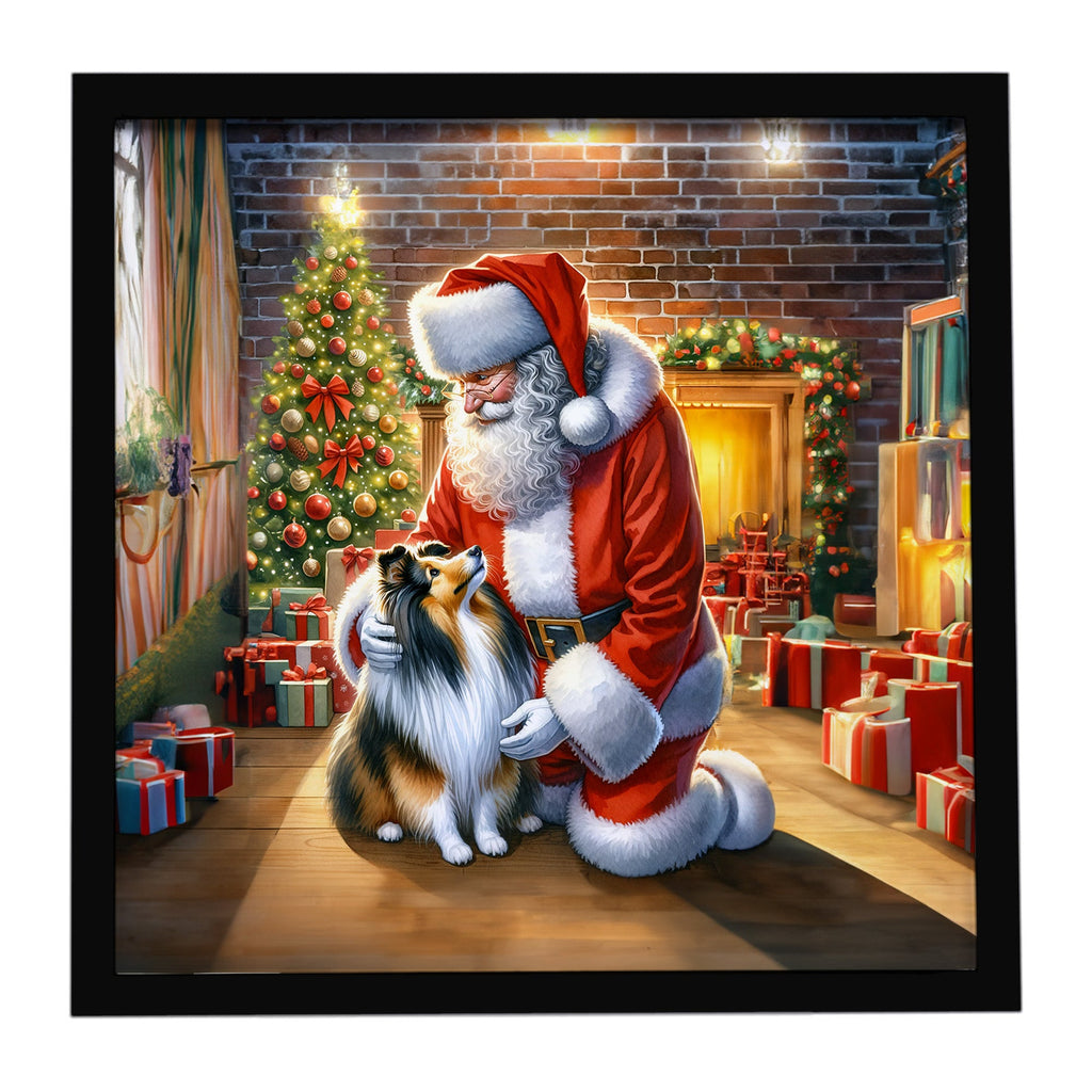 Sheltie and Santa Claus Framed Metal Print Bathroom, Kitchen, Office, Home Decor Wall Art Ready to Hang, Square, 8X8