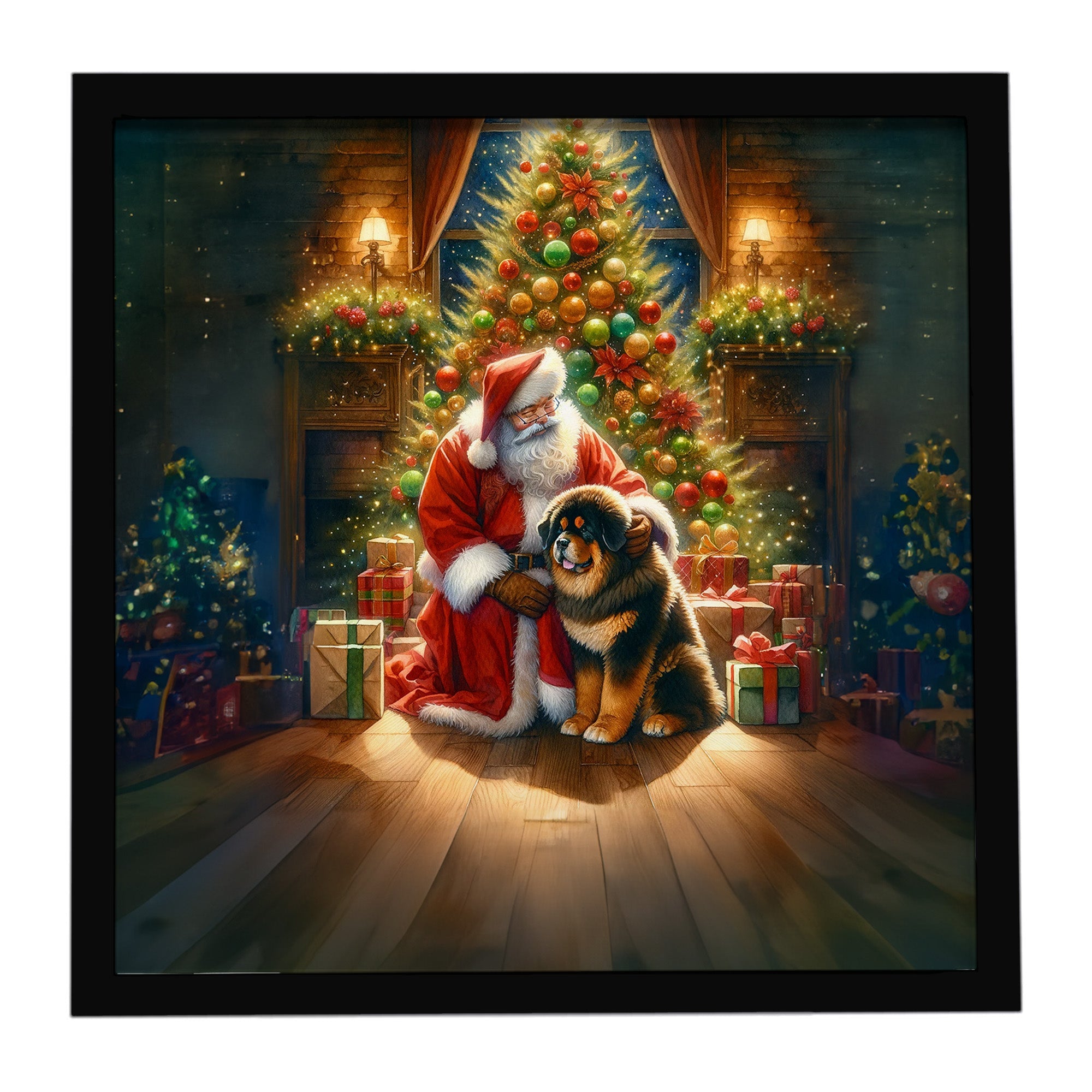Tibetan Mastiff and Santa Claus Framed Metal Print Bathroom, Kitchen, Office, Home Decor Wall Art Ready to Hang, Square, 8X8