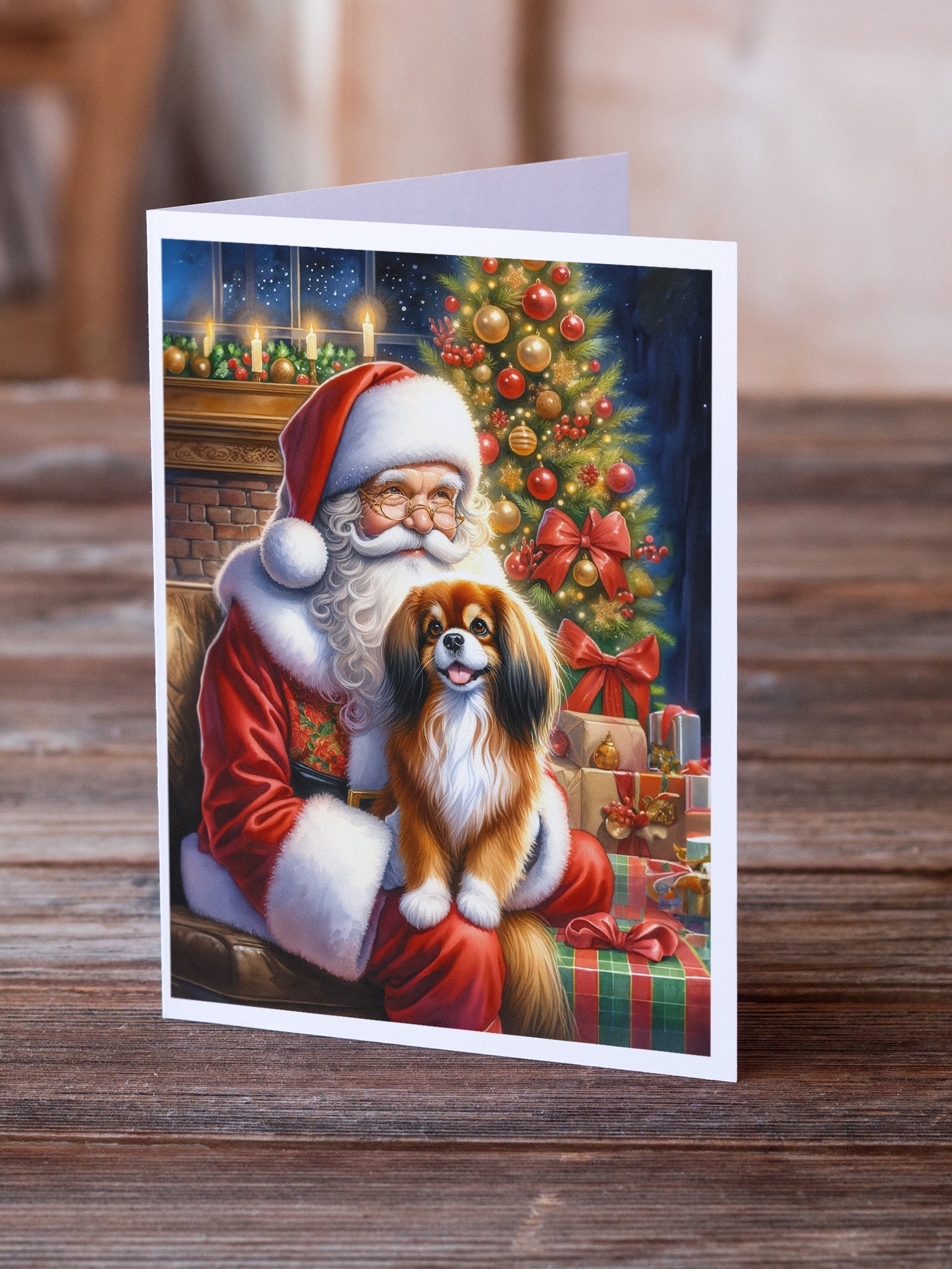 Tibetan Spaniel and Santa Claus Greeting Cards Pack of 8 Blank Cards with Envelopes Whimsical A7 Size 5x7