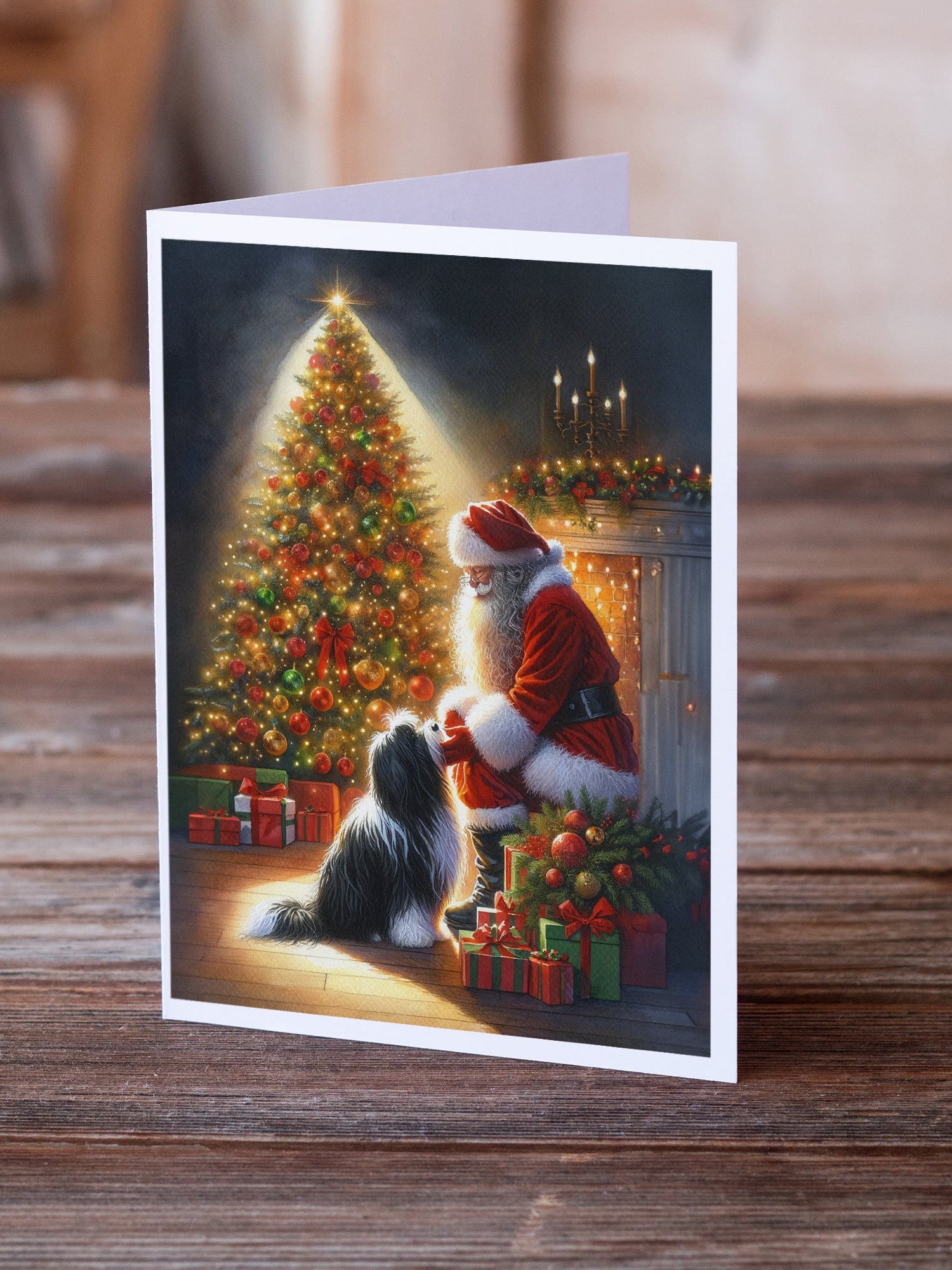 Tibetan Terrier and Santa Claus Greeting Cards Pack of 8 Blank Cards with Envelopes Whimsical A7 Size 5x7