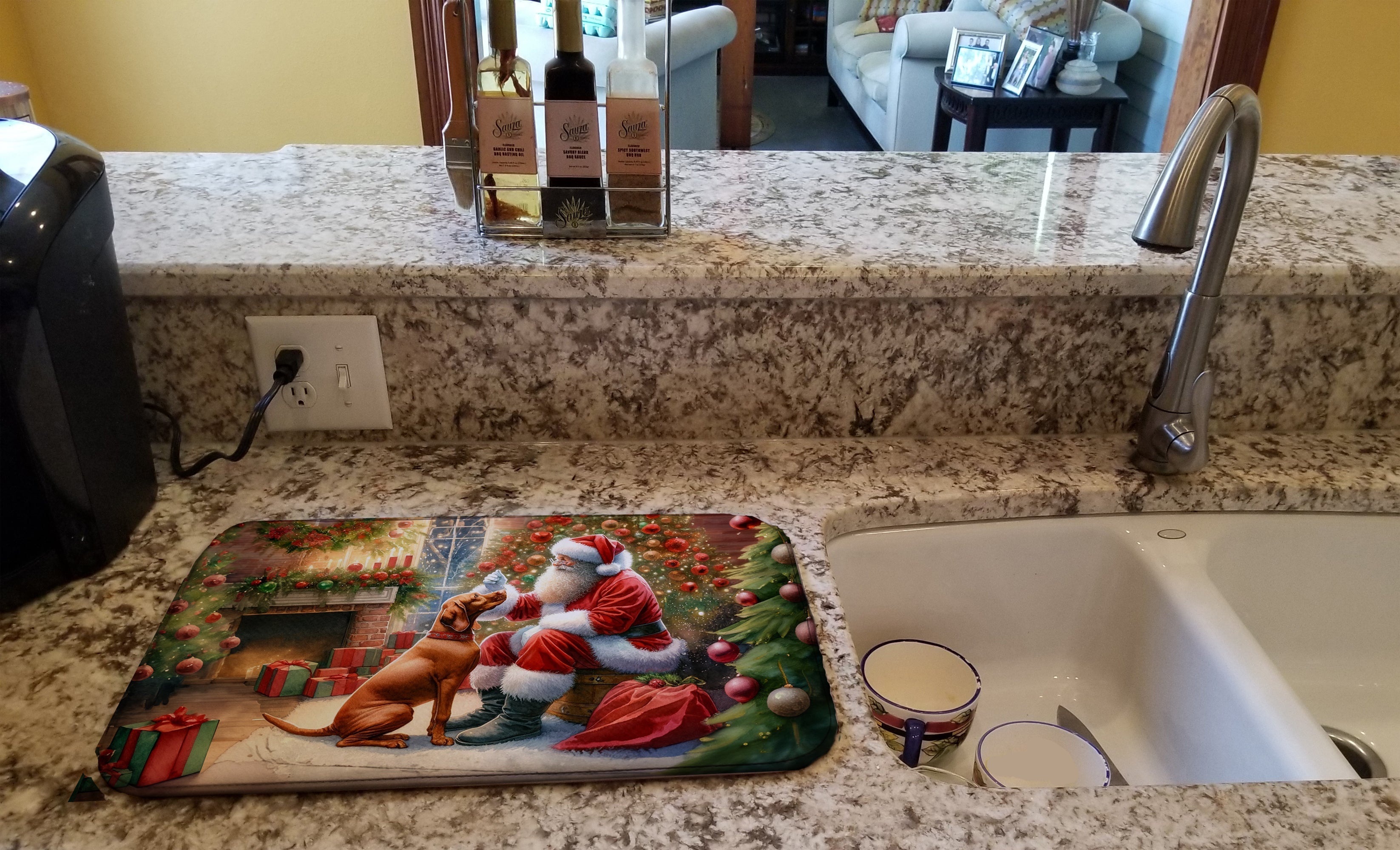 Vizsla and Santa Claus Dish Drying Mat Absorbent Dish Drying Mat Pad for Kitchen Counter Dish Drainer Mat for Countertop, 14 x 21", Multicolor