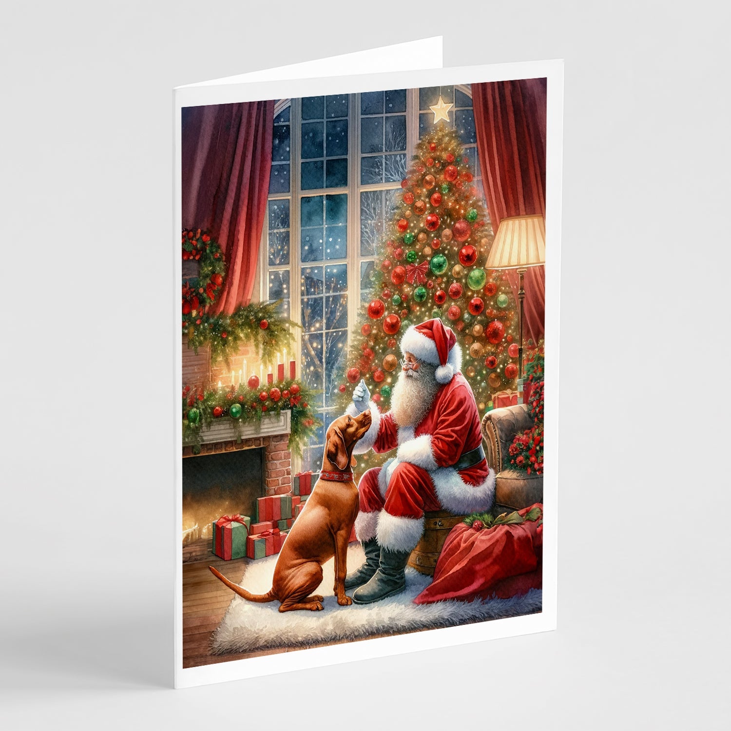 Vizsla and Santa Claus Greeting Cards Pack of 8 Blank Cards with Envelopes Whimsical A7 Size 5x7