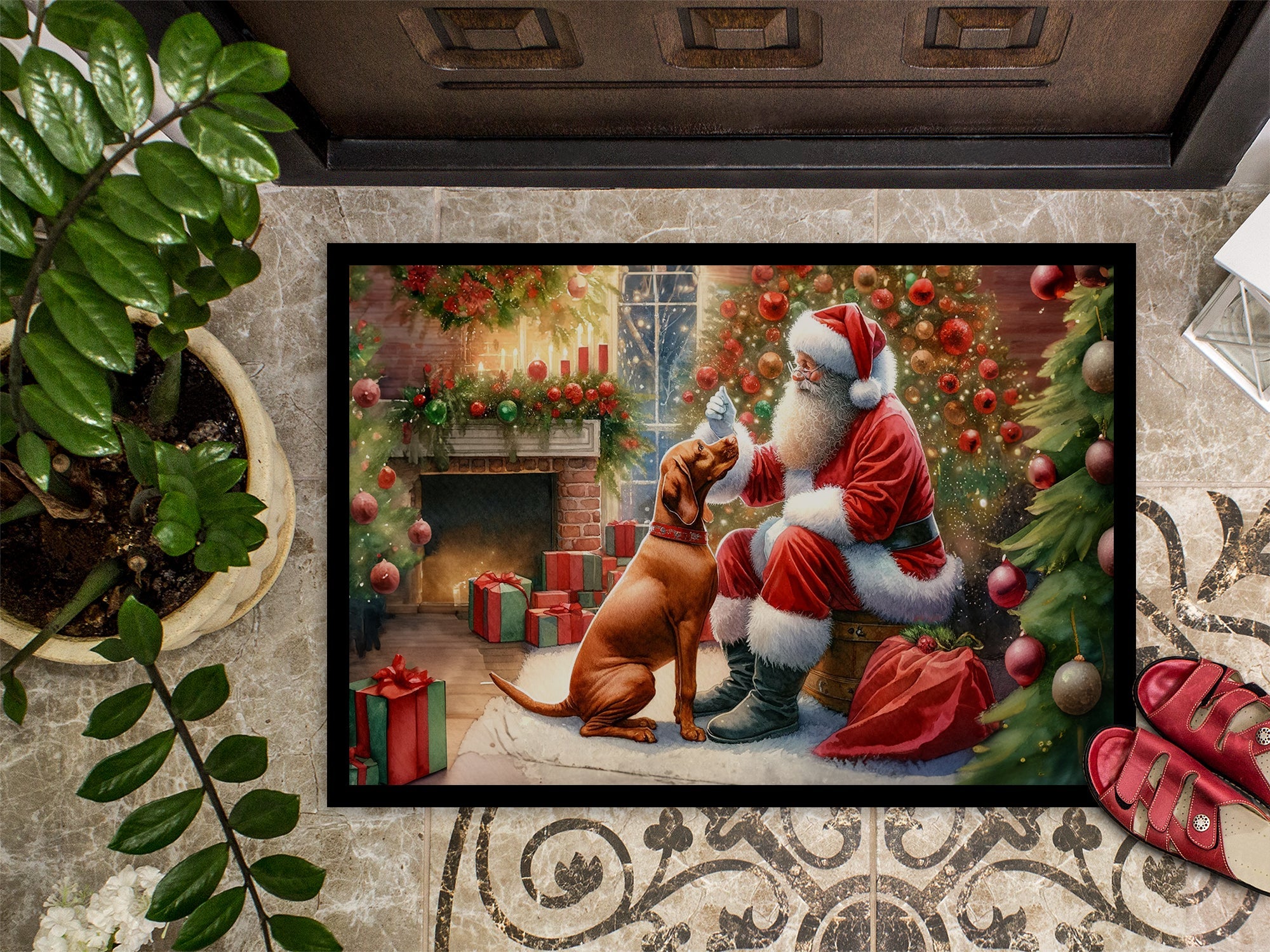 Vizsla and Santa Claus Doormat Indoor Outdoor 18H X 27W Front Door Mat Rugs for Entryway, Non Slip Washable