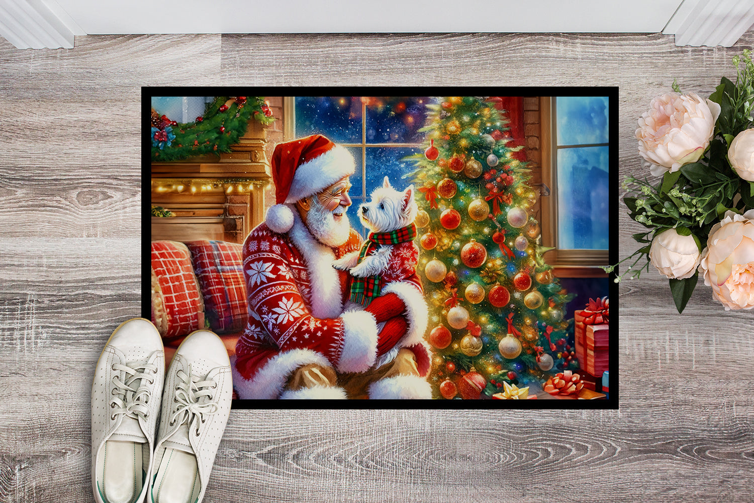 Westie and Santa Claus Doormat Indoor Outdoor 18H X 27W Front Door Mat Rugs for Entryway, Non Slip Washable