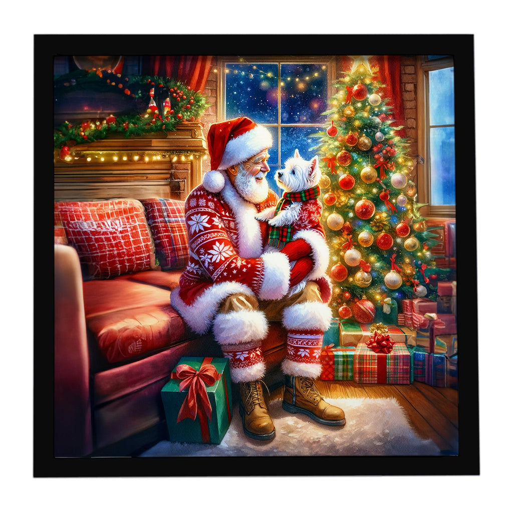 Westie and Santa Claus Framed Metal Print Bathroom, Kitchen, Office, Home Decor Wall Art Ready to Hang, Square, 8X8