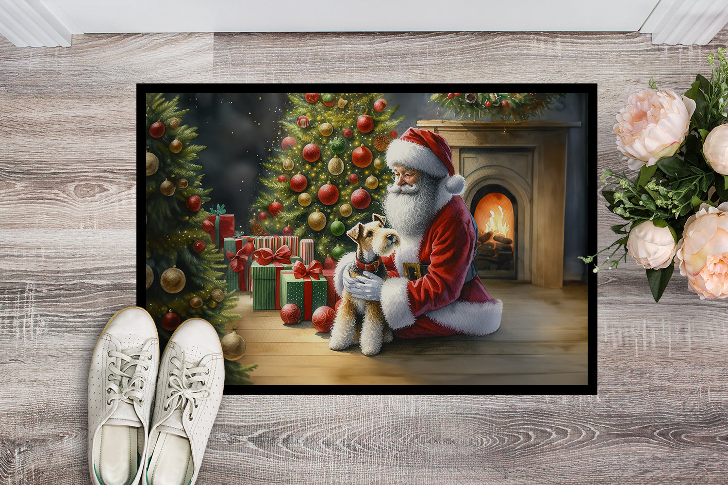 Fox Terrier and Santa Claus Doormat Indoor Outdoor 18H X 27W Front Door Mat Rugs for Entryway, Non Slip Washable