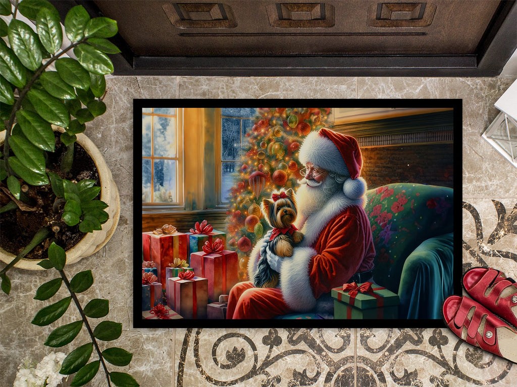 Yorkshire Terrier Yorkie and Santa Claus Doormat Indoor Outdoor 24H X 36W Front Door Mat Rugs for Entryway, Non Slip Washable Low Pile,