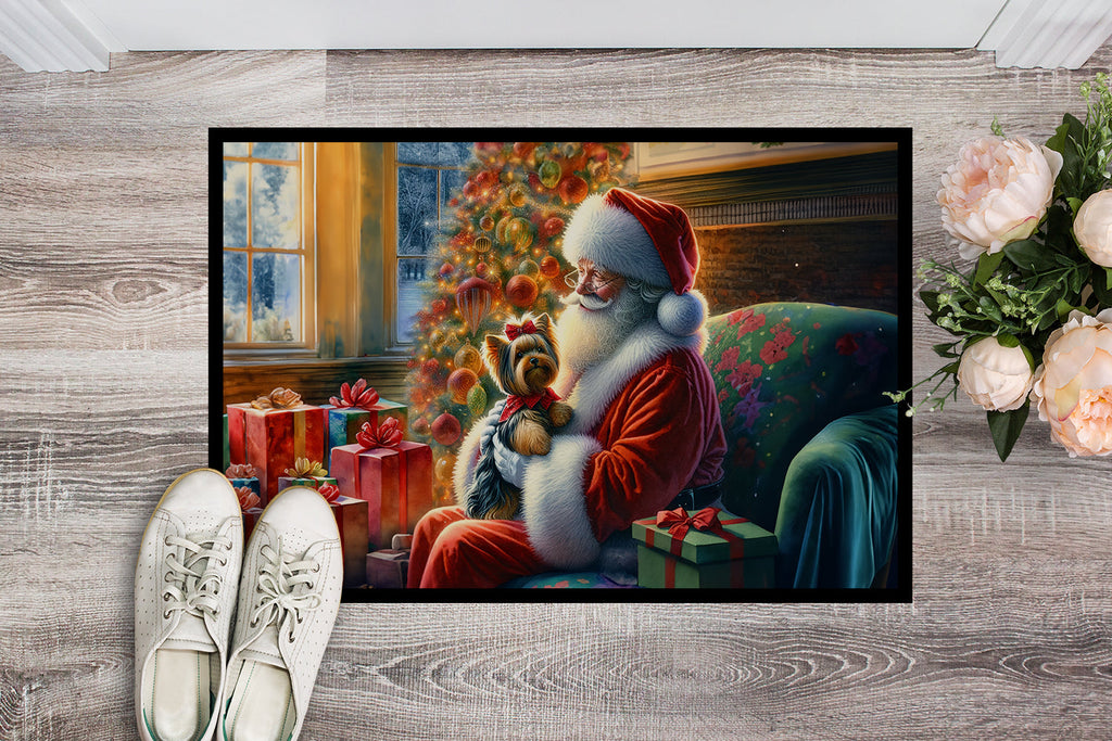 Yorkshire Terrier Yorkie and Santa Claus Doormat Indoor Outdoor 18H X 27W Front Door Mat Rugs for Entryway, Non Slip Washable