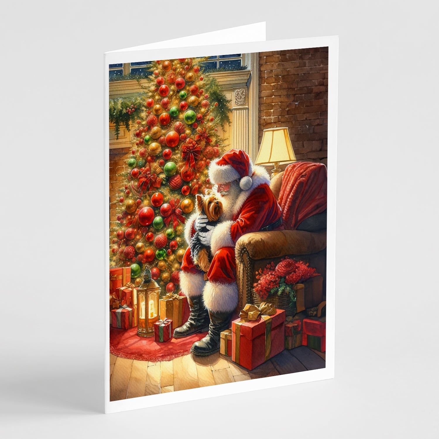 Yorkshire Terrier Yorkie and Santa Claus Greeting Cards Pack of 8 Blank Cards with Envelopes Whimsical A7 Size 5x7