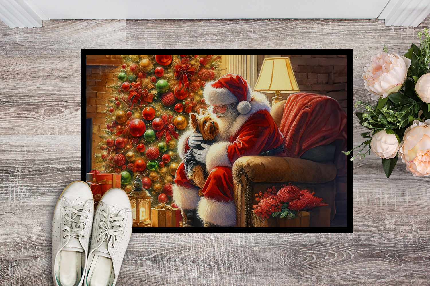 Yorkshire Terrier Yorkie and Santa Claus Doormat Indoor Outdoor 18H X 27W Front Door Mat Rugs for Entryway, Non Slip Washable