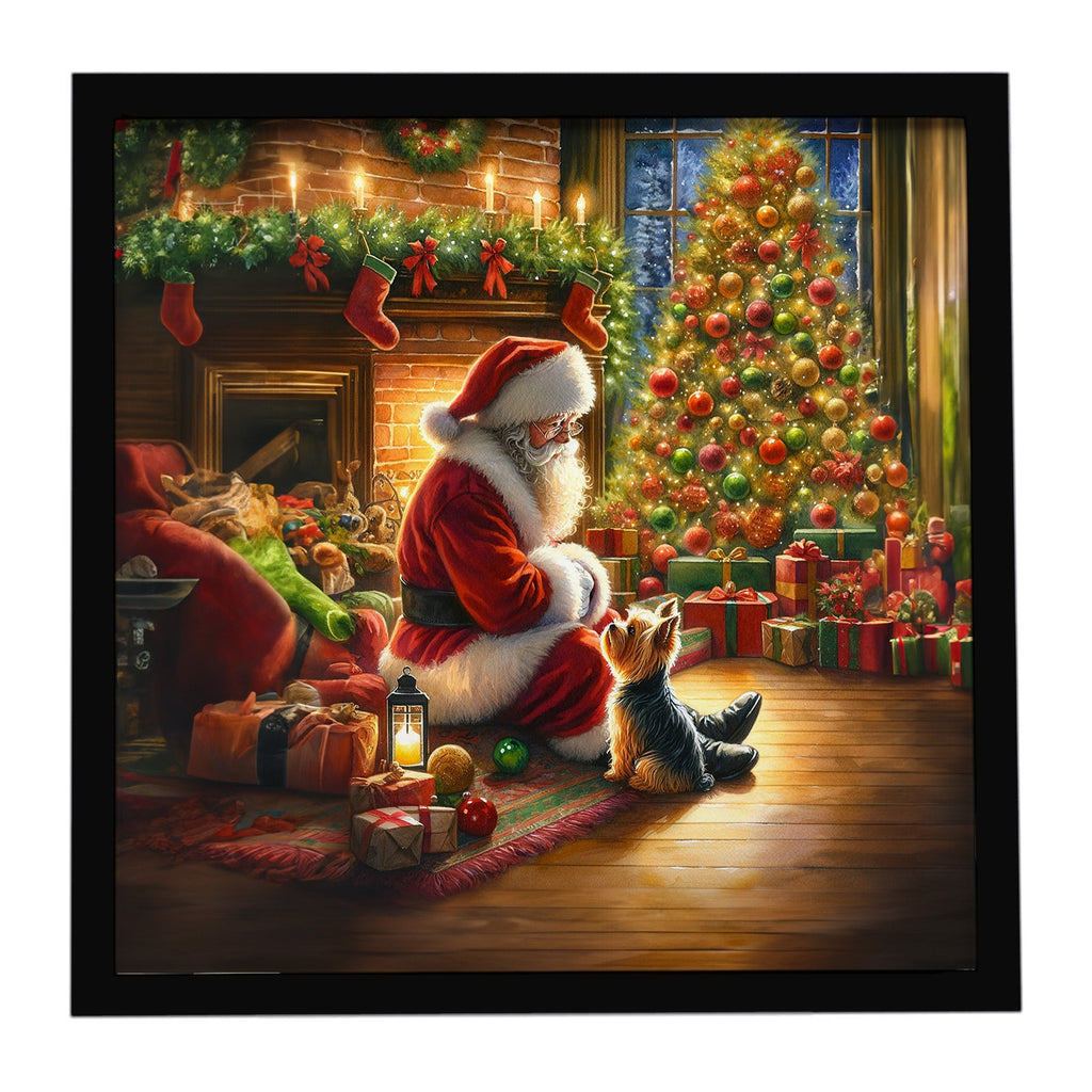 Yorkshire Terrier Yorkie and Santa Claus Framed Metal Print Bathroom, Kitchen, Office, Home Decor Wall Art Ready to Hang, Square, 8X8