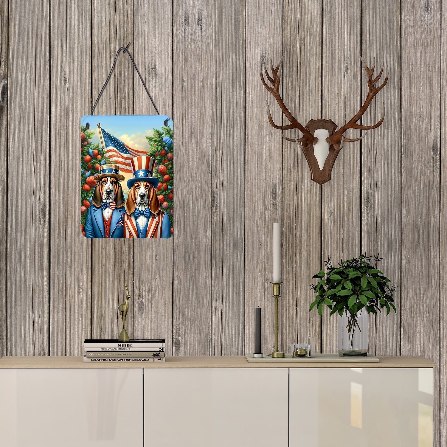 All American Basset Hound Wall or Door Hanging Prints Aluminum Metal Sign Kitchen Wall Bar Bathroom Plaque Home Decor Front Door Plaque, 12x16, Multicolor