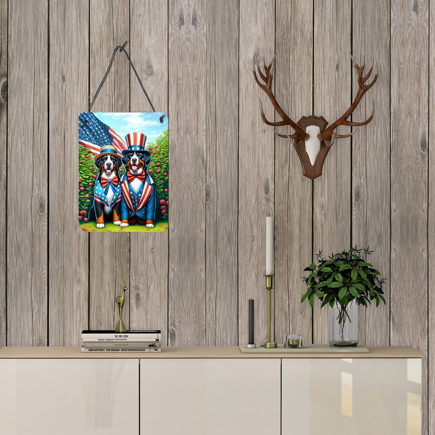 All American Bernese Mountain Dog Wall or Door Hanging Prints Aluminum Metal Sign Kitchen Wall Bar Bathroom Plaque Home Decor Front Door Plaque, 12x16, Multicolor