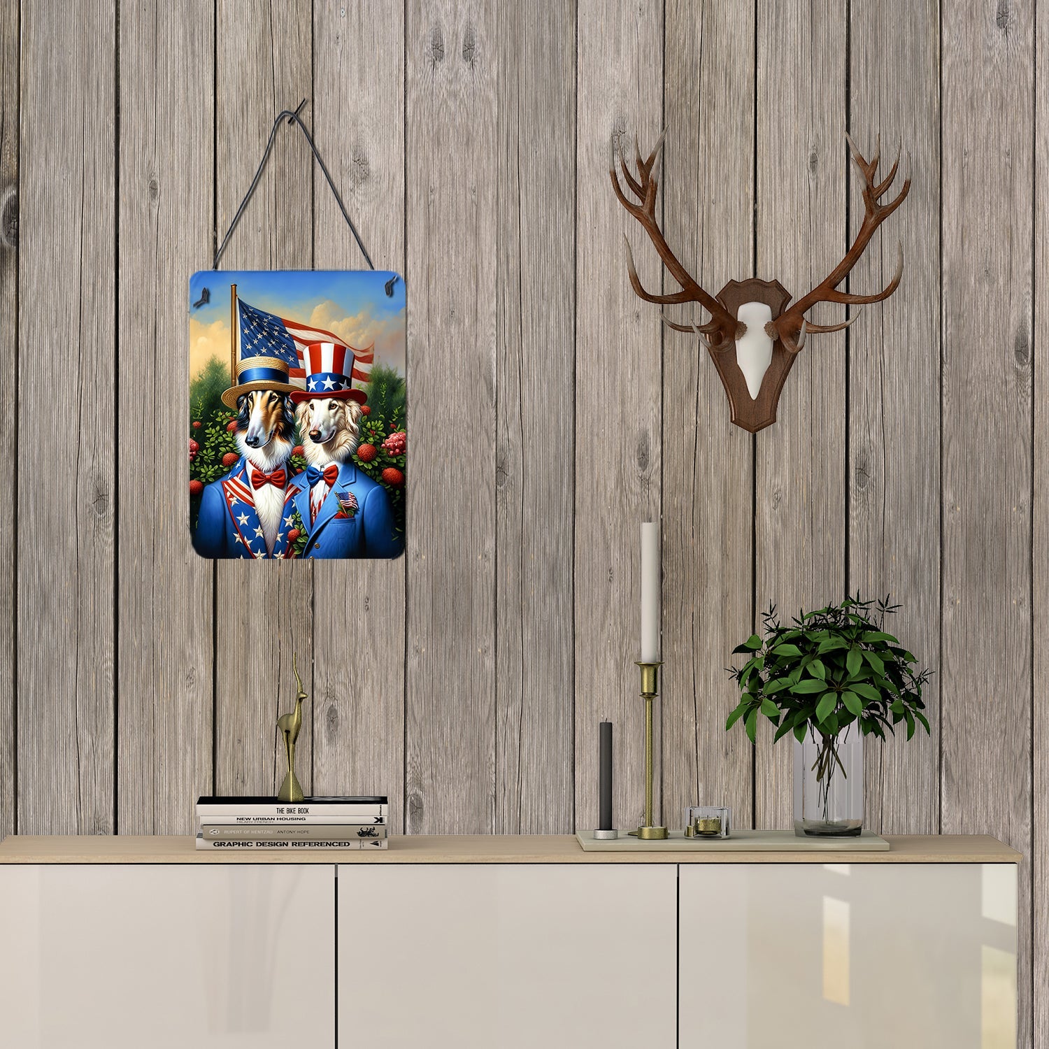 All American Borzoi Wall or Door Hanging Prints Aluminum Metal Sign Kitchen Wall Bar Bathroom Plaque Home Decor Front Door Plaque, 12x16, Multicolor