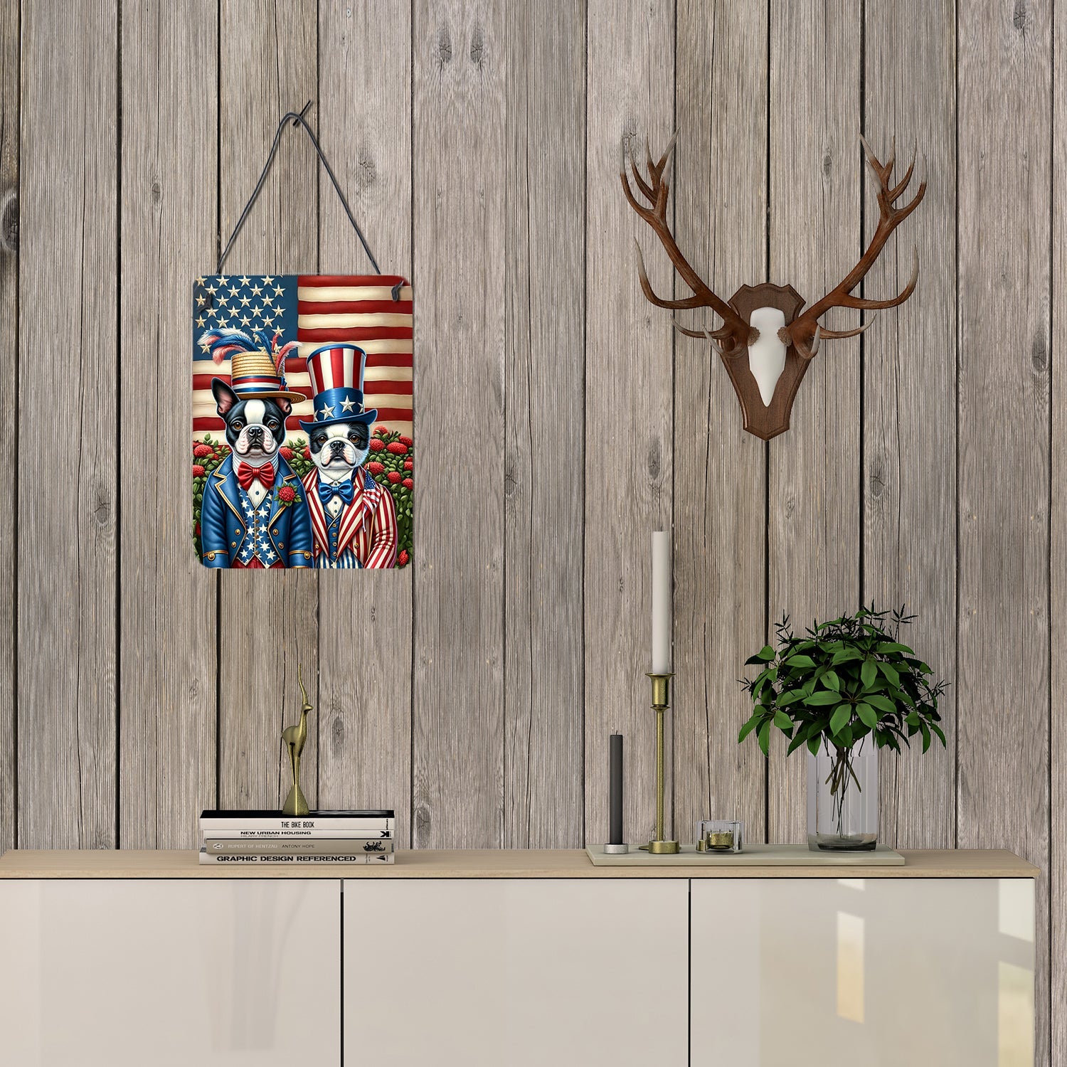 All American Boston Terrier Wall or Door Hanging Prints Aluminum Metal Sign Kitchen Wall Bar Bathroom Plaque Home Decor Front Door Plaque, 12x16, Multicolor