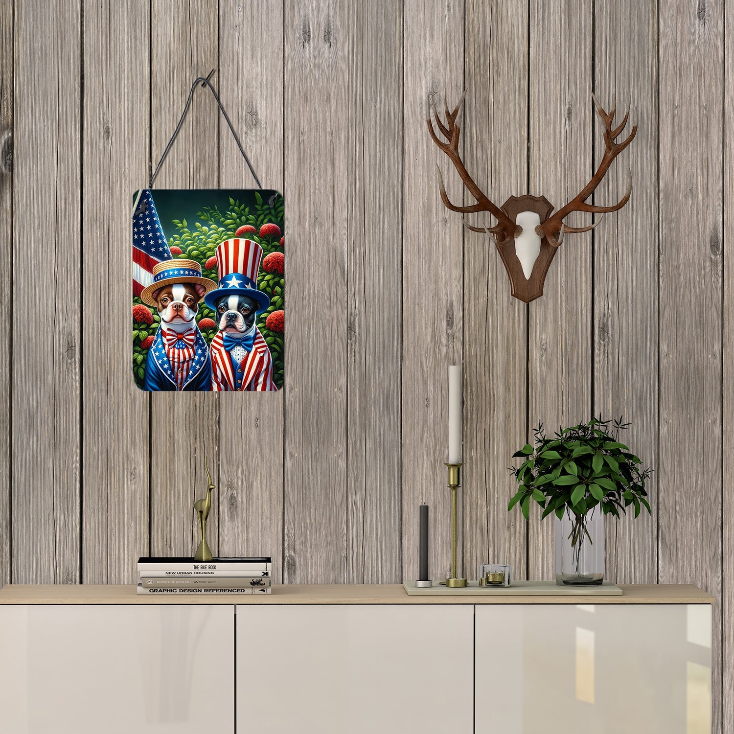 All American Boston Terrier Wall or Door Hanging Prints Aluminum Metal Sign Kitchen Wall Bar Bathroom Plaque Home Decor Front Door Plaque, 12x16, Multicolor
