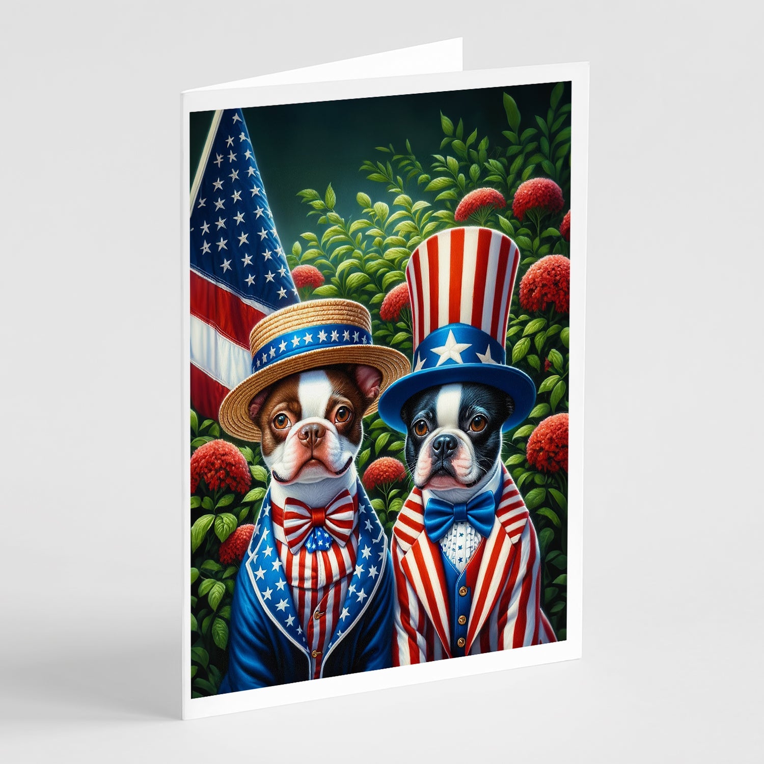All American Boston Terrier Greeting Cards Pack of 8 Blank Cards with Envelopes Whimsical A7 Size 5x7
