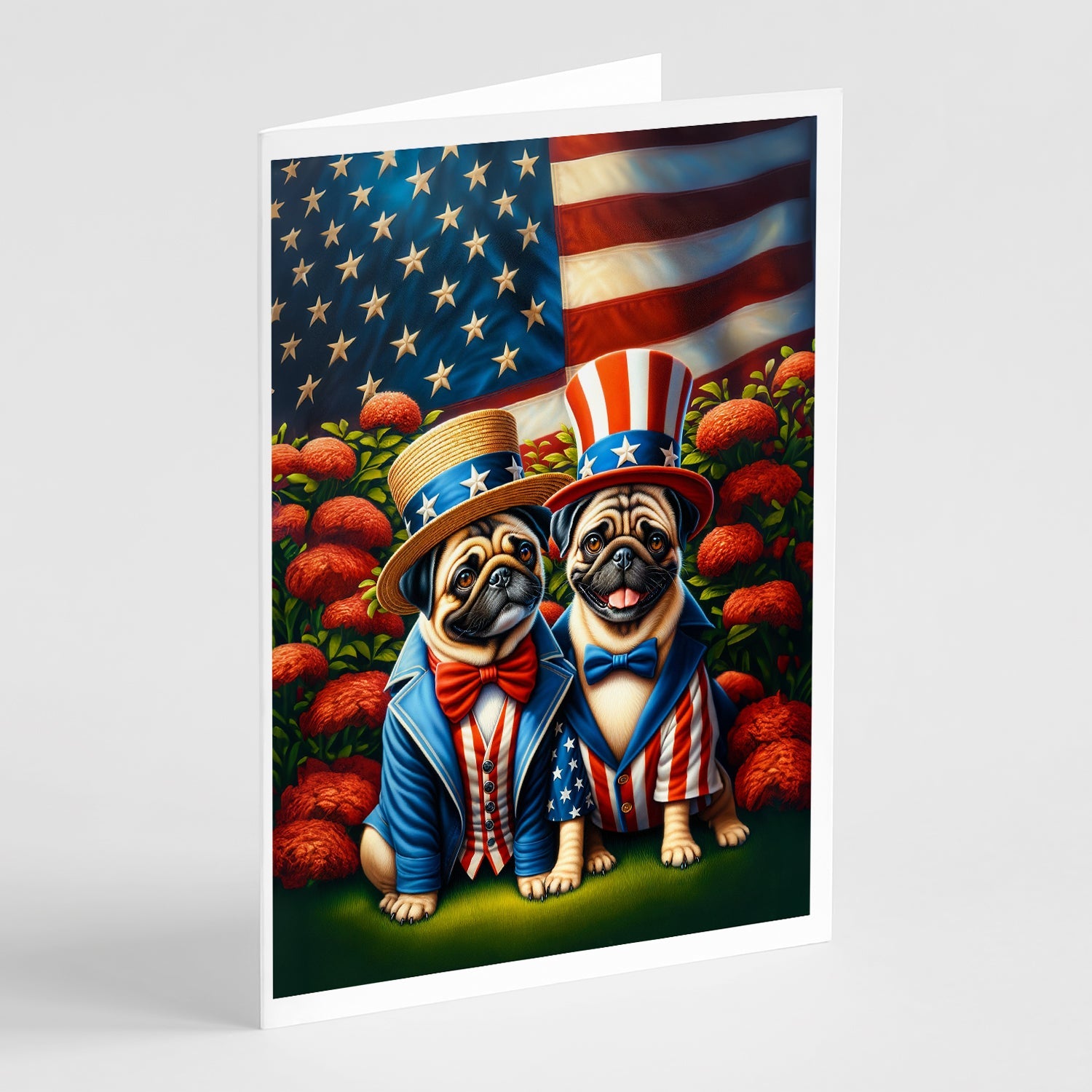All American Pug Greeting Cards Pack of 8 Blank Cards with Envelopes Whimsical A7 Size 5x7