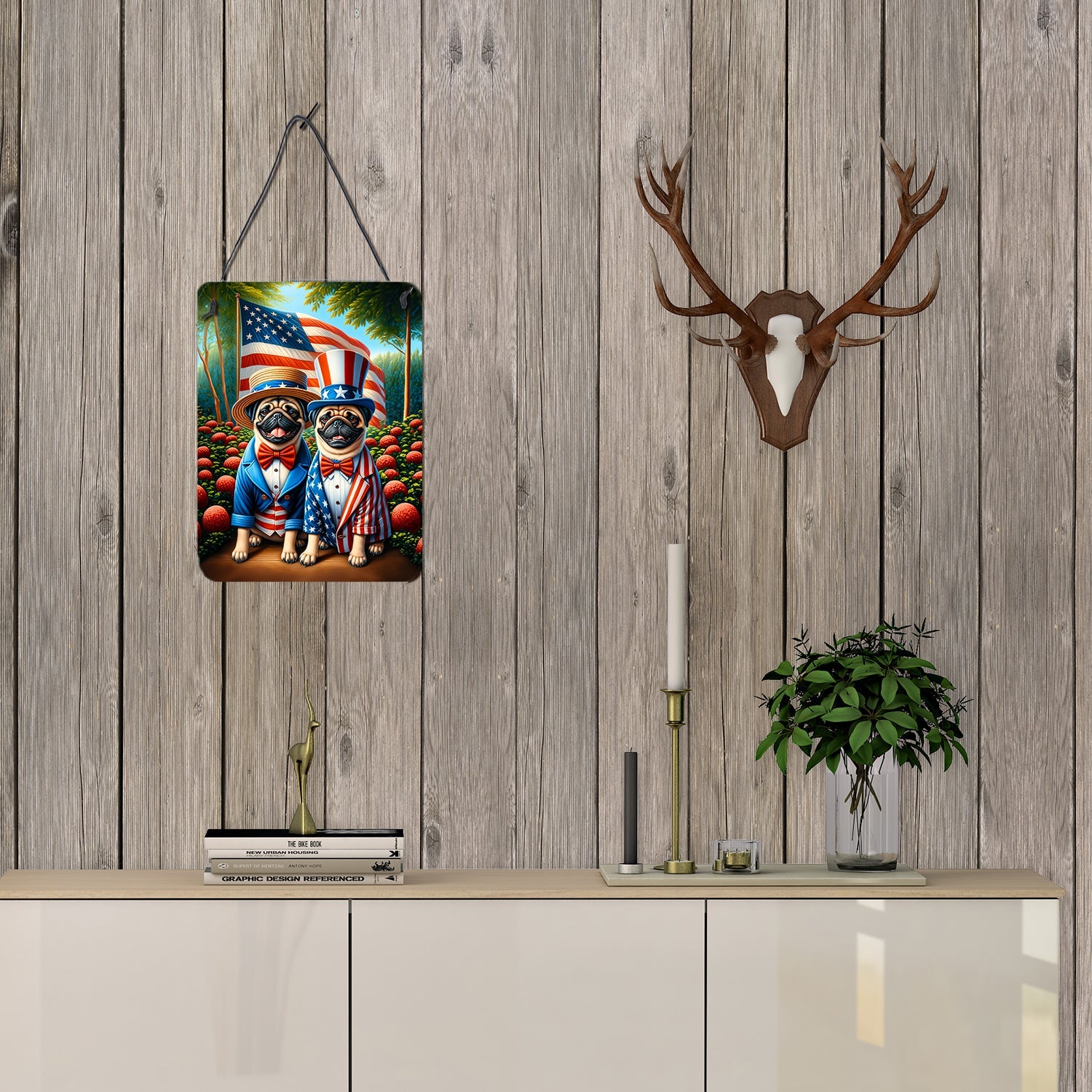 All American Pug Wall or Door Hanging Prints Aluminum Metal Sign Kitchen Wall Bar Bathroom Plaque Home Decor Front Door Plaque, 12x16, Multicolor