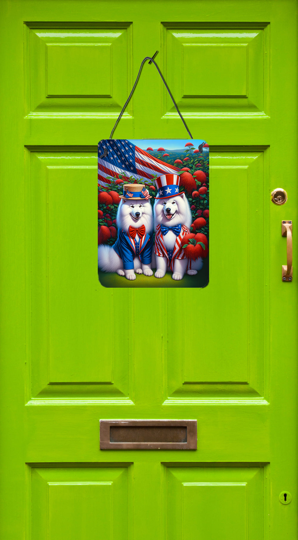 All American Samoyed Wall or Door Hanging Prints Aluminum Metal Sign Kitchen Wall Bar Bathroom Plaque Home Decor Front Door Plaque, 12x16, Multicolor