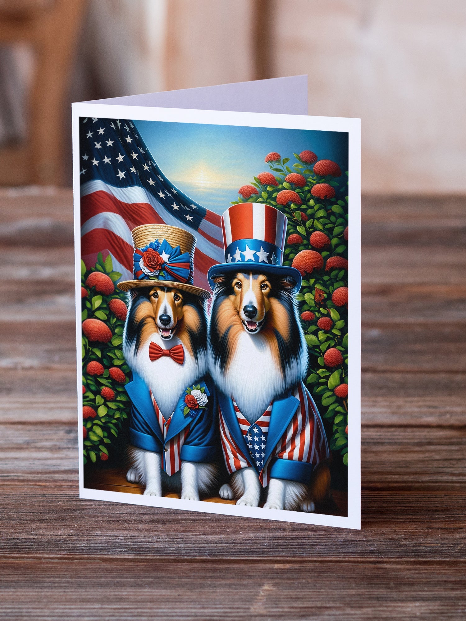 All American Sheltie Greeting Cards Pack of 8 Blank Cards with Envelopes Whimsical A7 Size 5x7