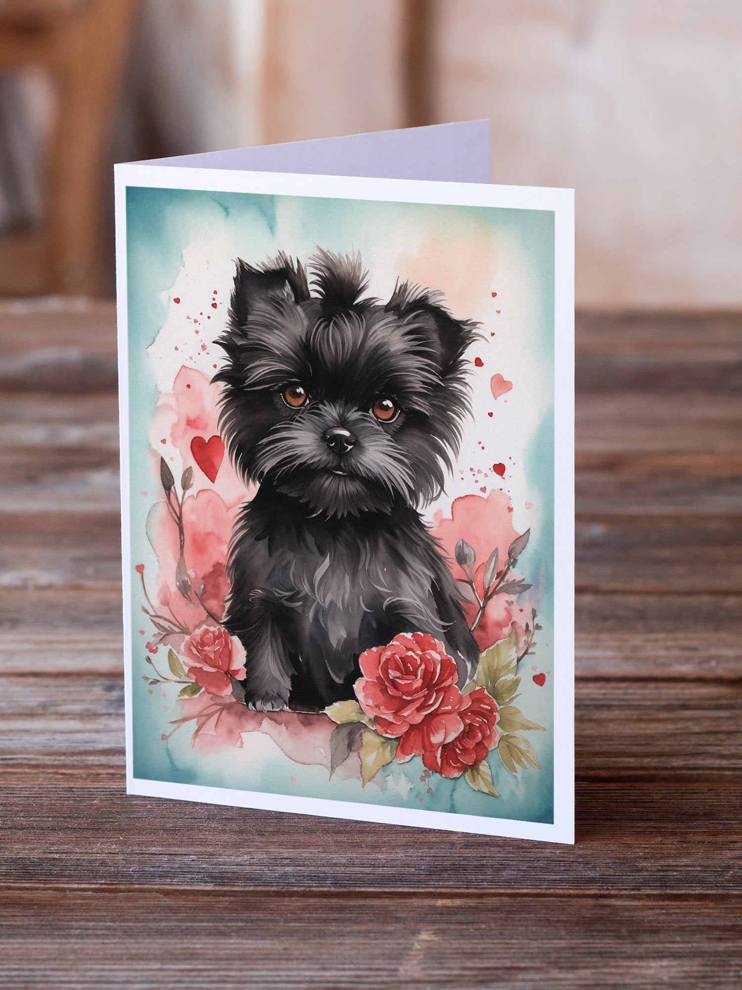 Affenpinscher Valentine Roses Greeting Cards Pack of 8 Blank Cards with Envelopes Whimsical A7 Size 5x7