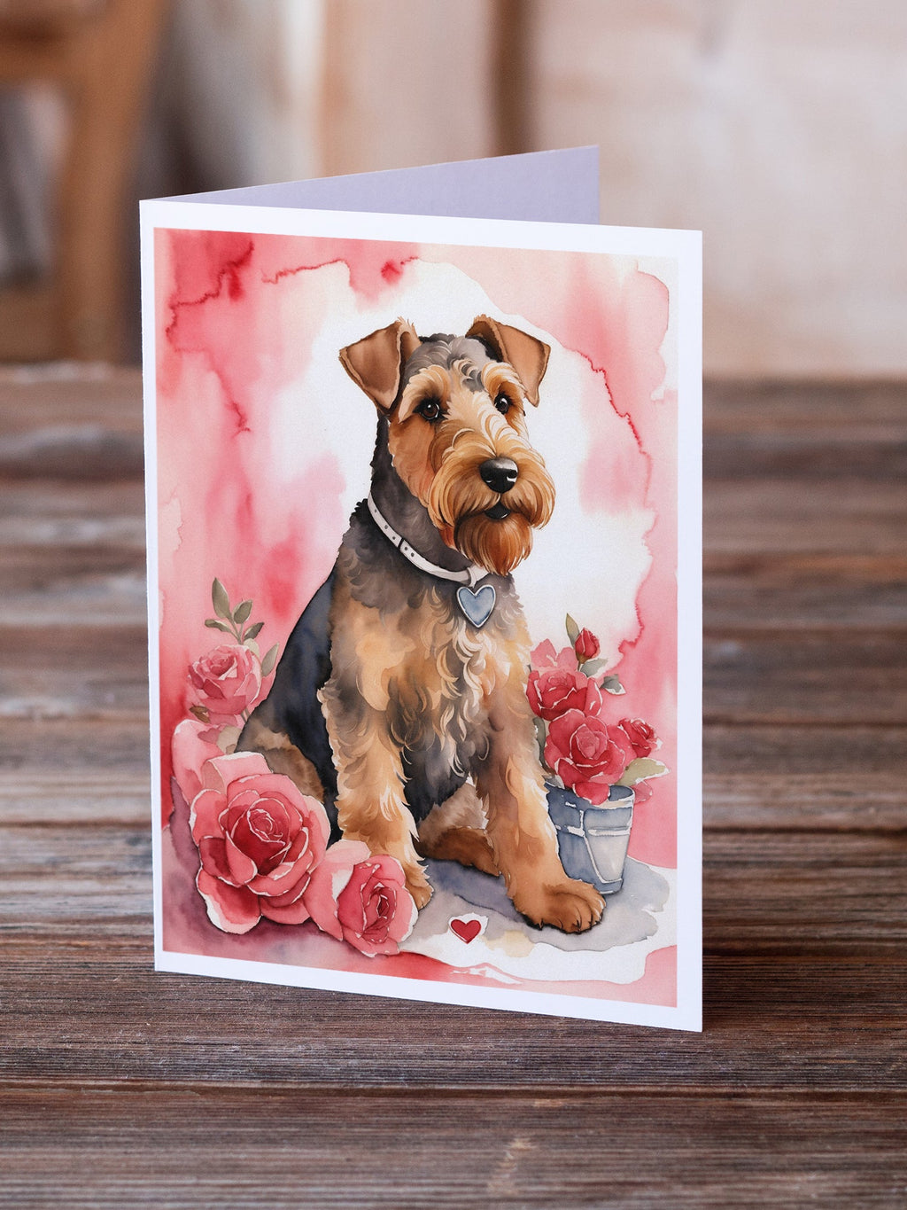 Airedale Terrier Valentine Roses Greeting Cards Pack of 8 Blank Cards with Envelopes Whimsical A7 Size 5x7