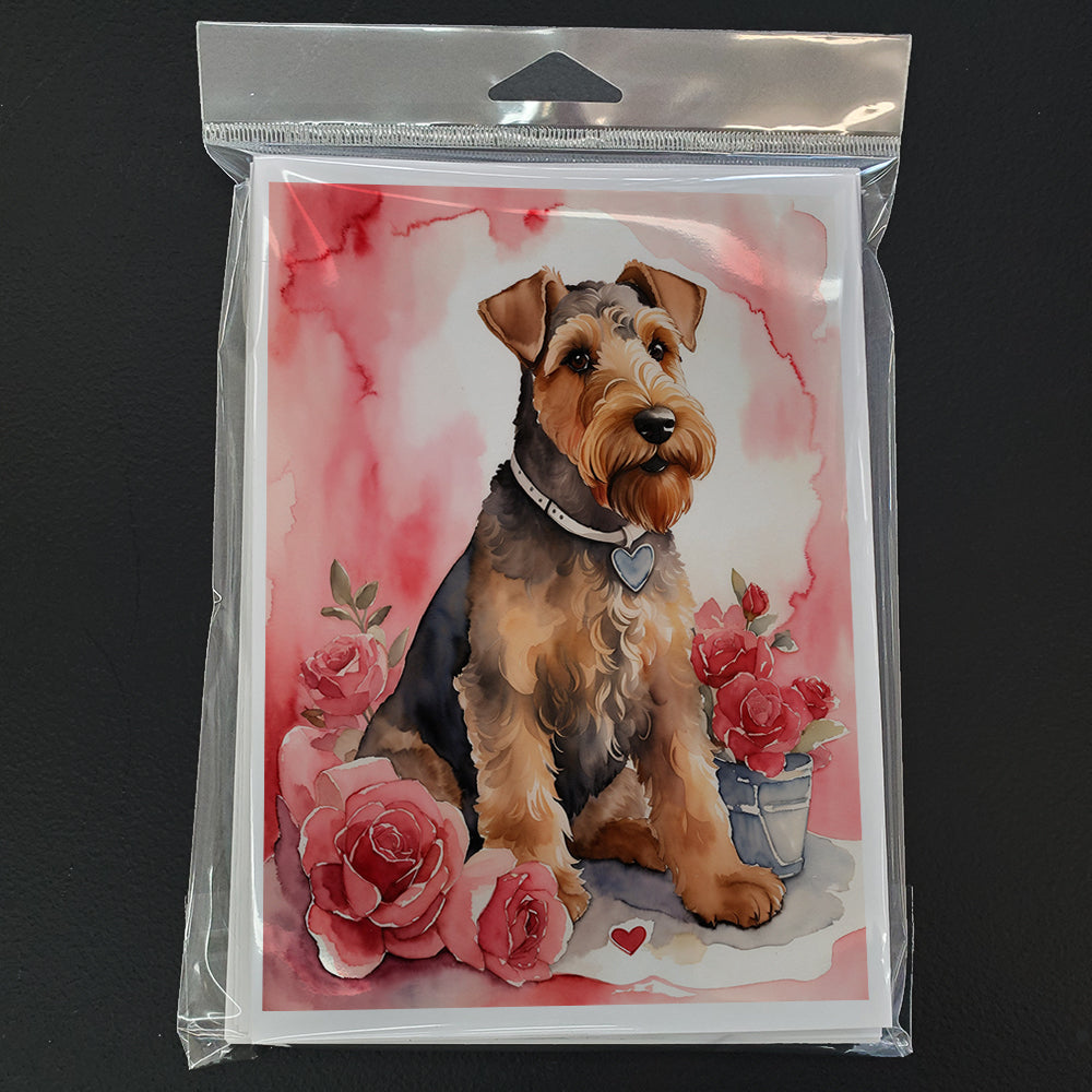 Airedale Terrier Valentine Roses Greeting Cards Pack of 8 Blank Cards with Envelopes Whimsical A7 Size 5x7