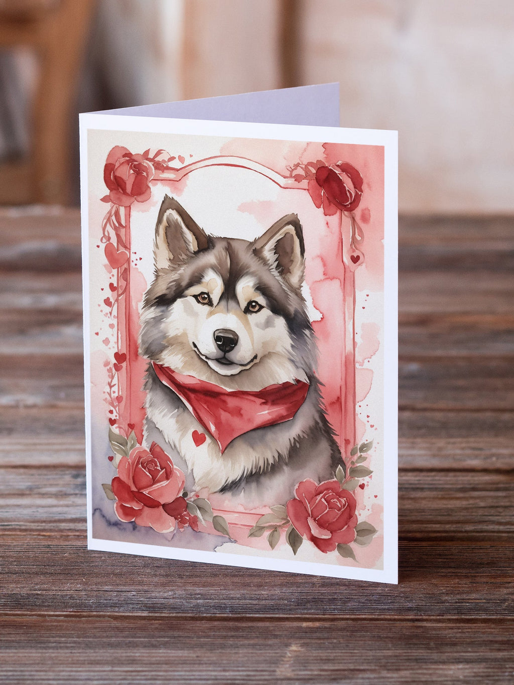Alaskan Malamute Valentine Roses Greeting Cards Pack of 8 Blank Cards with Envelopes Whimsical A7 Size 5x7