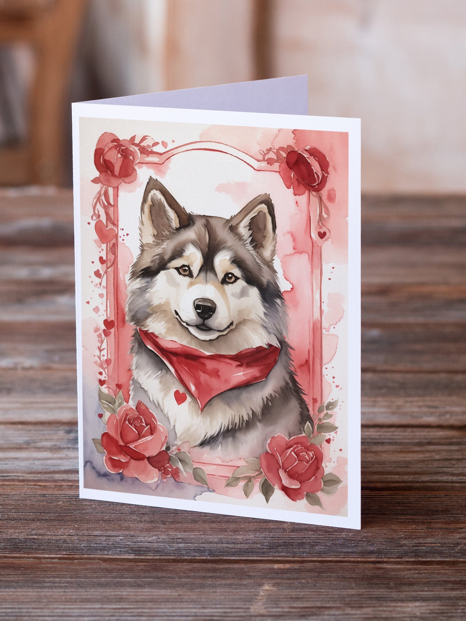 Alaskan Malamute Valentine Roses Greeting Cards Pack of 8 Blank Cards with Envelopes Whimsical A7 Size 5x7