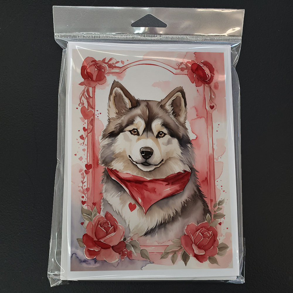 Alaskan Malamute Valentine Roses Greeting Cards Pack of 8 Blank Cards with Envelopes Whimsical A7 Size 5x7
