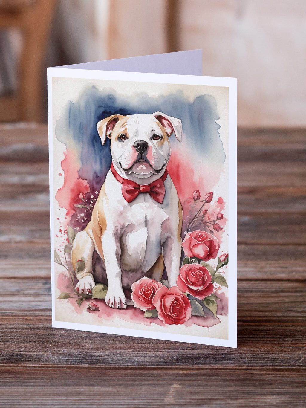 American Bulldog Valentine Roses Greeting Cards Pack of 8 Blank Cards with Envelopes Whimsical A7 Size 5x7
