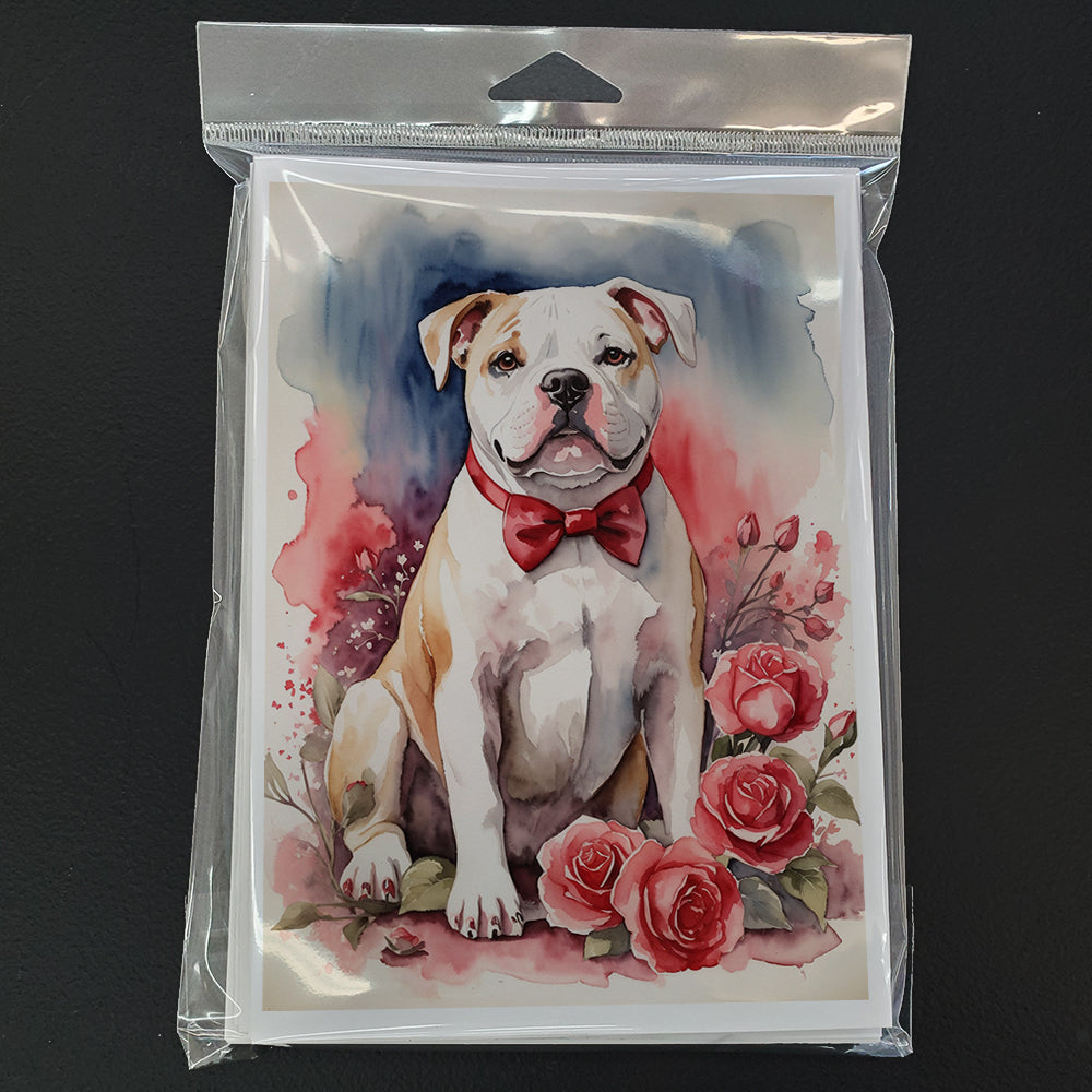 American Bulldog Valentine Roses Greeting Cards Pack of 8 Blank Cards with Envelopes Whimsical A7 Size 5x7
