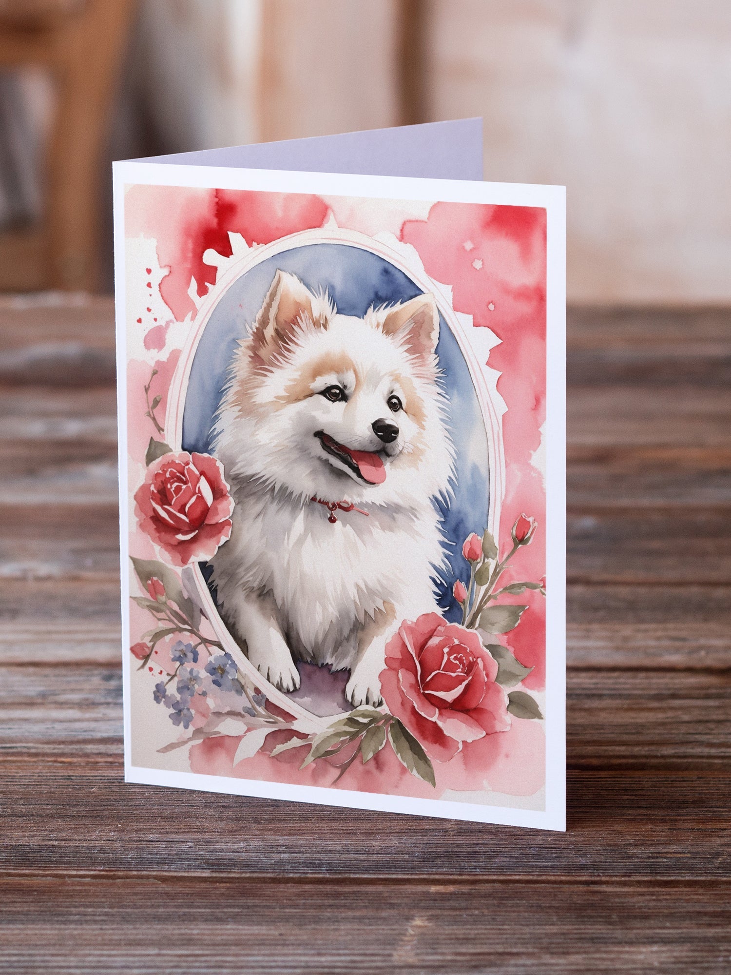 American Eskimo Valentine Roses Greeting Cards Pack of 8 Blank Cards with Envelopes Whimsical A7 Size 5x7