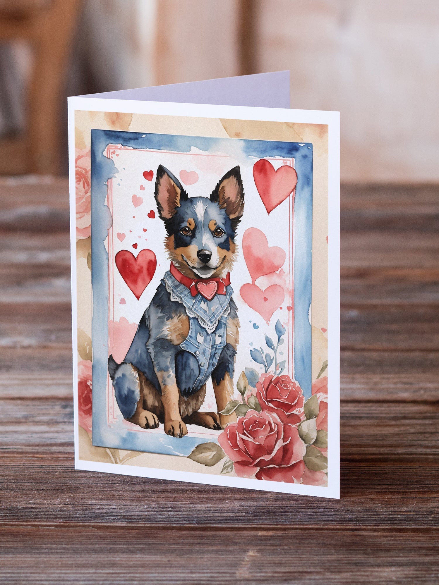 Australian Cattle Dog Valentine Roses Greeting Cards Pack of 8 Blank Cards with Envelopes Whimsical A7 Size 5x7