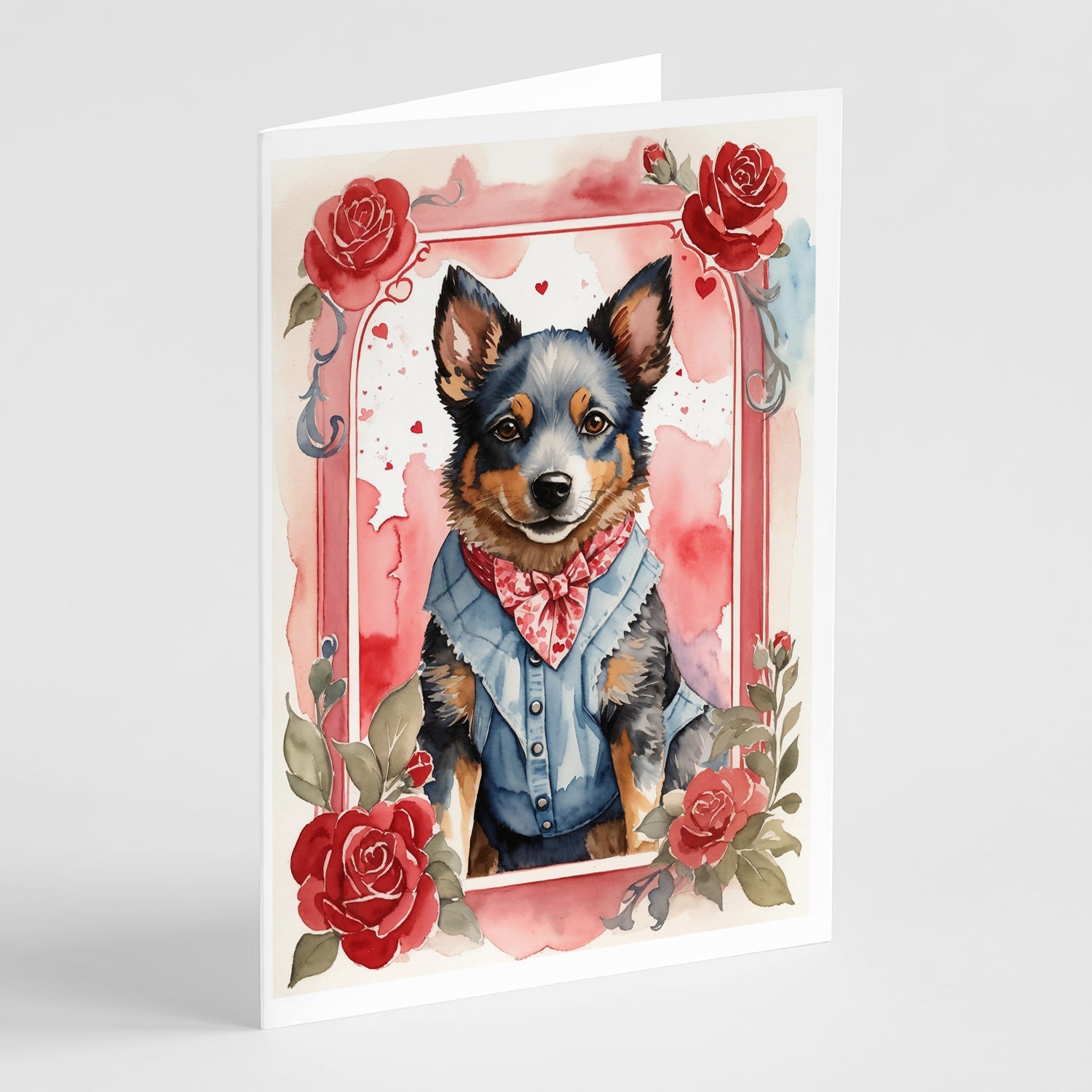 Australian Cattle Dog Valentine Roses Greeting Cards Pack of 8 Blank Cards with Envelopes Whimsical A7 Size 5x7