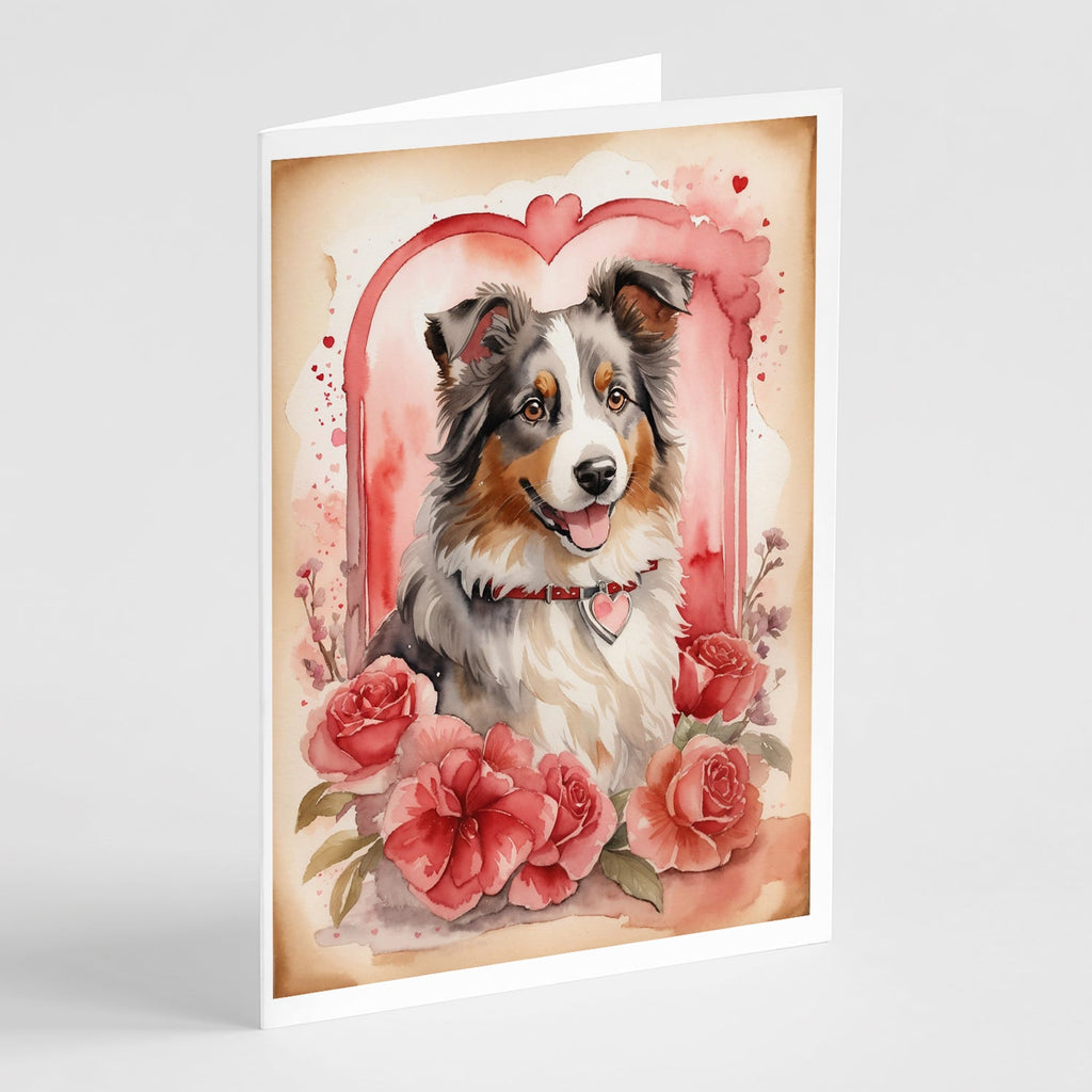 Australian Shepherd Valentine Roses Greeting Cards Pack of 8 Blank Cards with Envelopes Whimsical A7 Size 5x7