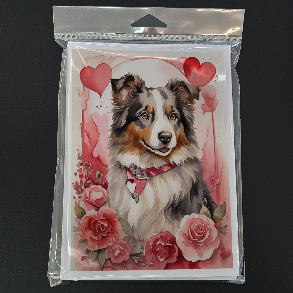 Australian Shepherd Valentine Roses Greeting Cards Pack of 8 Blank Cards with Envelopes Whimsical A7 Size 5x7