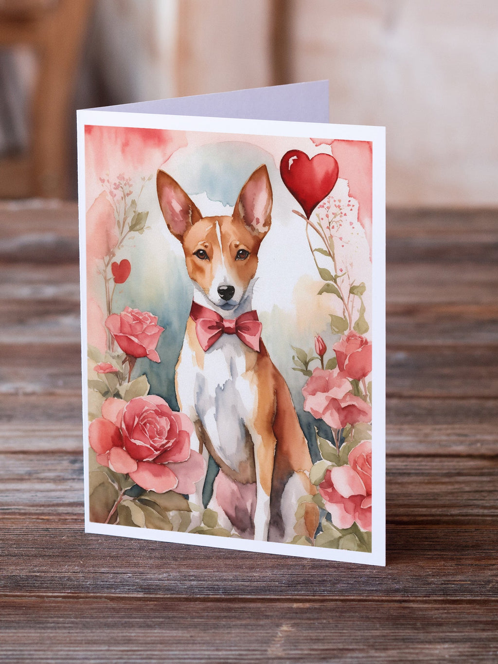 Basenji Valentine Roses Greeting Cards Pack of 8 Blank Cards with Envelopes Whimsical A7 Size 5x7
