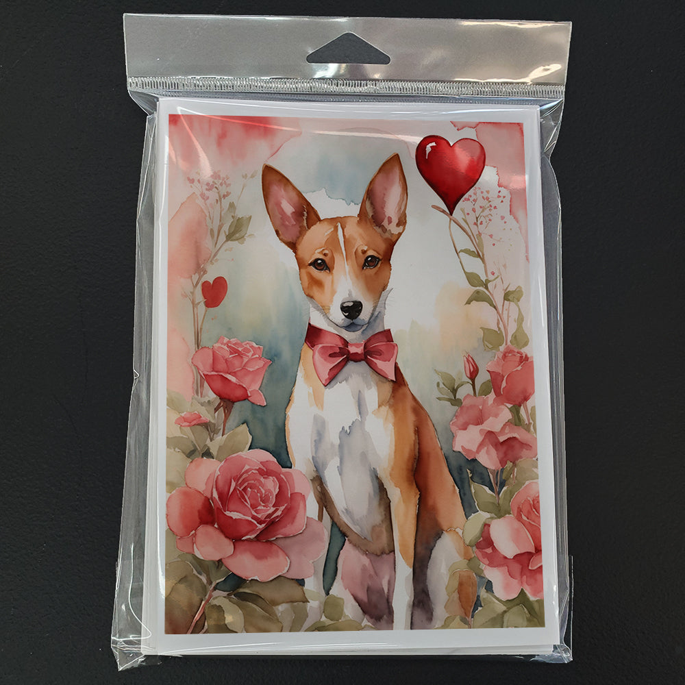 Basenji Valentine Roses Greeting Cards Pack of 8 Blank Cards with Envelopes Whimsical A7 Size 5x7