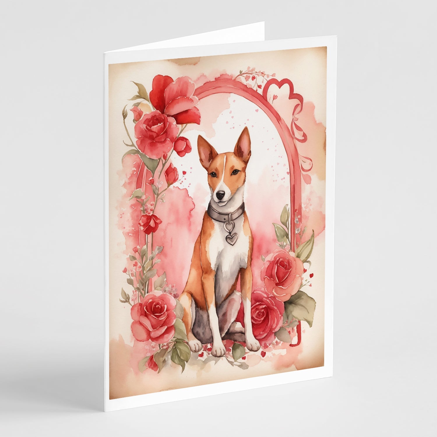 Basenji Valentine Roses Greeting Cards Pack of 8 Blank Cards with Envelopes Whimsical A7 Size 5x7