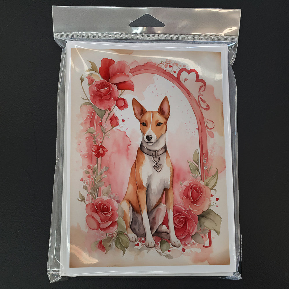 Basenji Valentine Roses Greeting Cards Pack of 8 Blank Cards with Envelopes Whimsical A7 Size 5x7