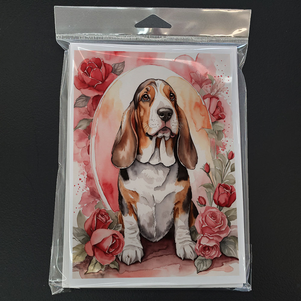 Basset Hound Valentine Roses Greeting Cards Pack of 8 Blank Cards with Envelopes Whimsical A7 Size 5x7