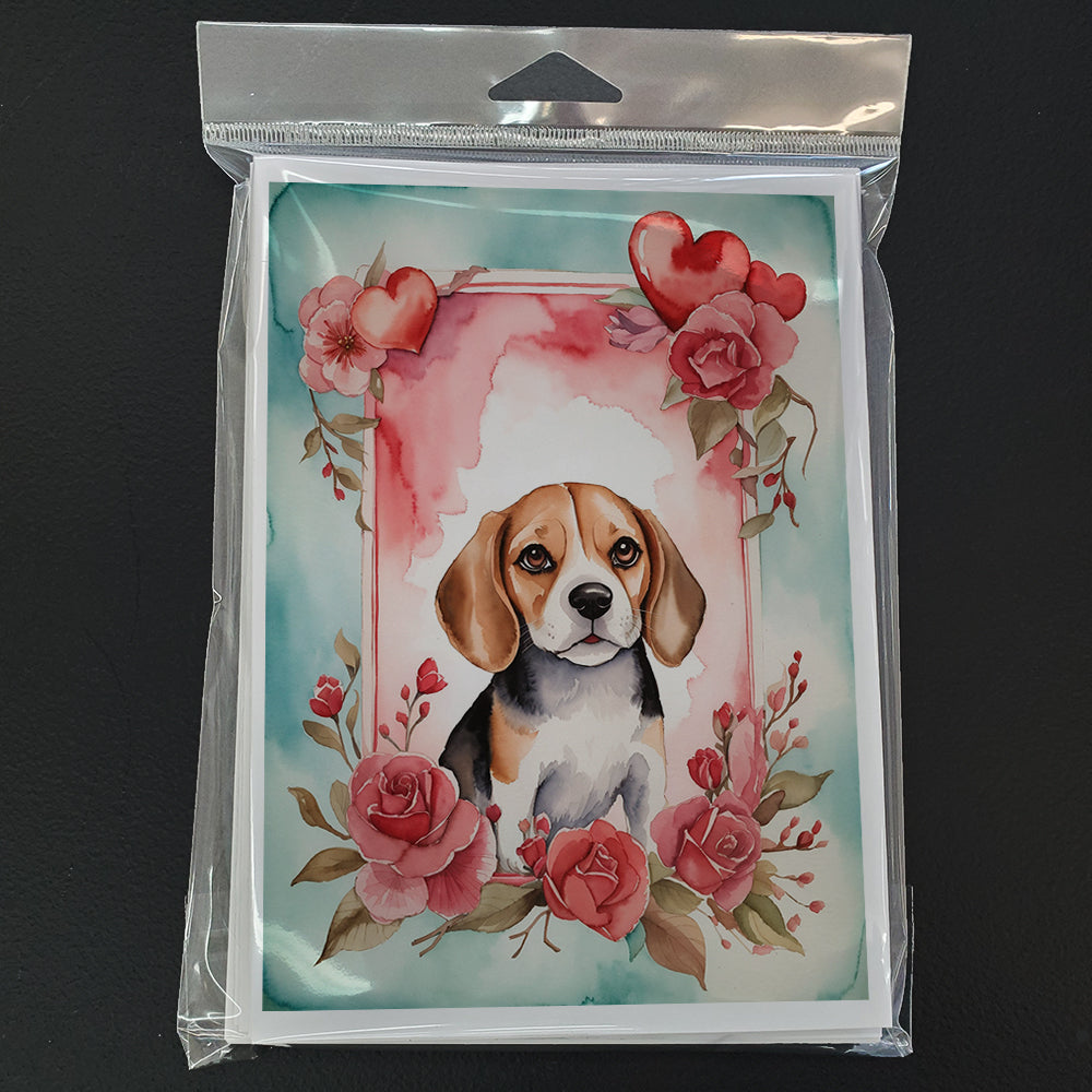 Beagle Valentine Roses Greeting Cards Pack of 8 Blank Cards with Envelopes Whimsical A7 Size 5x7