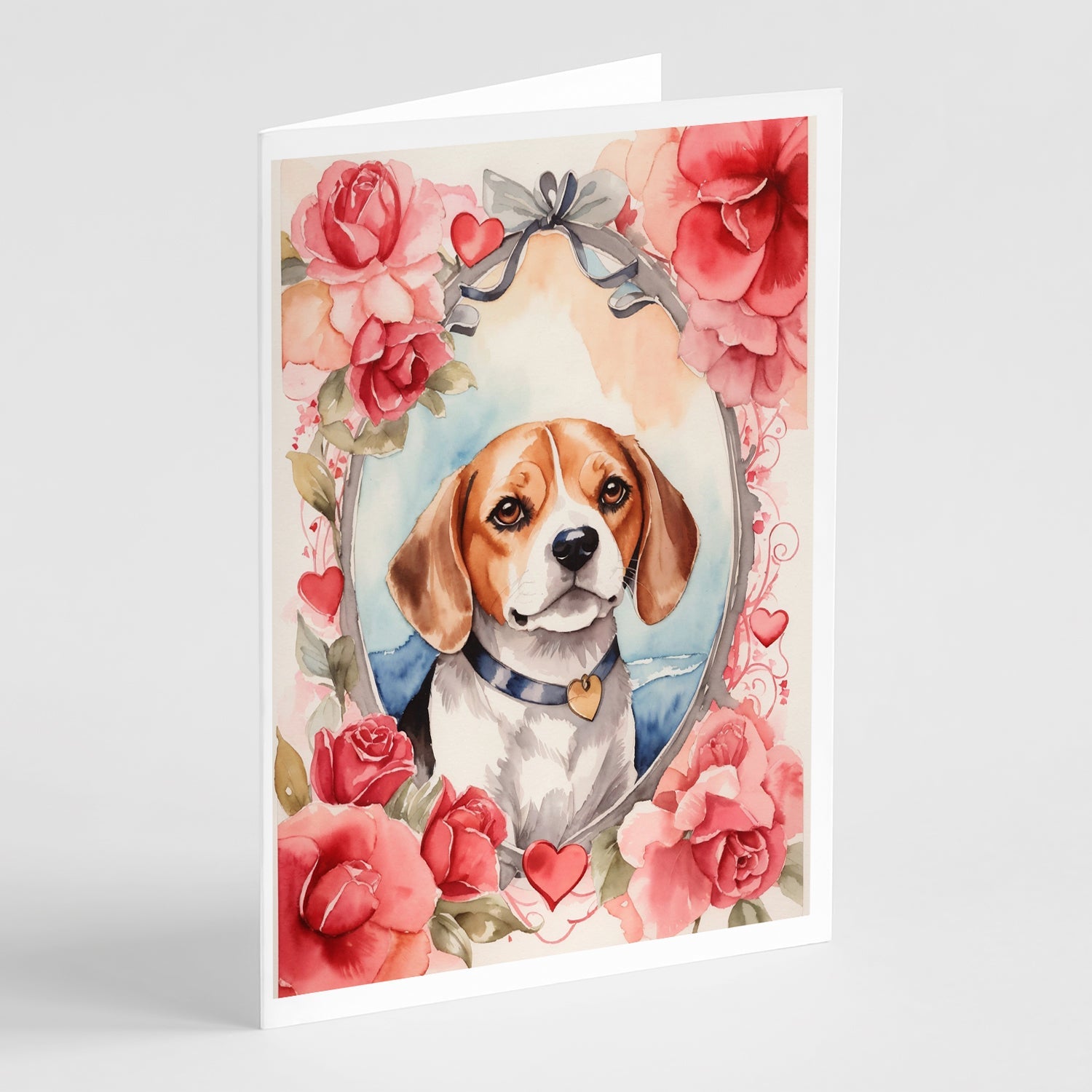 Beagle Valentine Roses Greeting Cards Pack of 8 Blank Cards with Envelopes Whimsical A7 Size 5x7