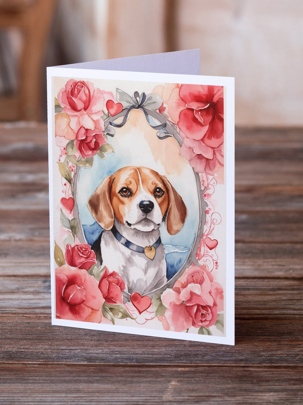 Beagle Valentine Roses Greeting Cards Pack of 8 Blank Cards with Envelopes Whimsical A7 Size 5x7