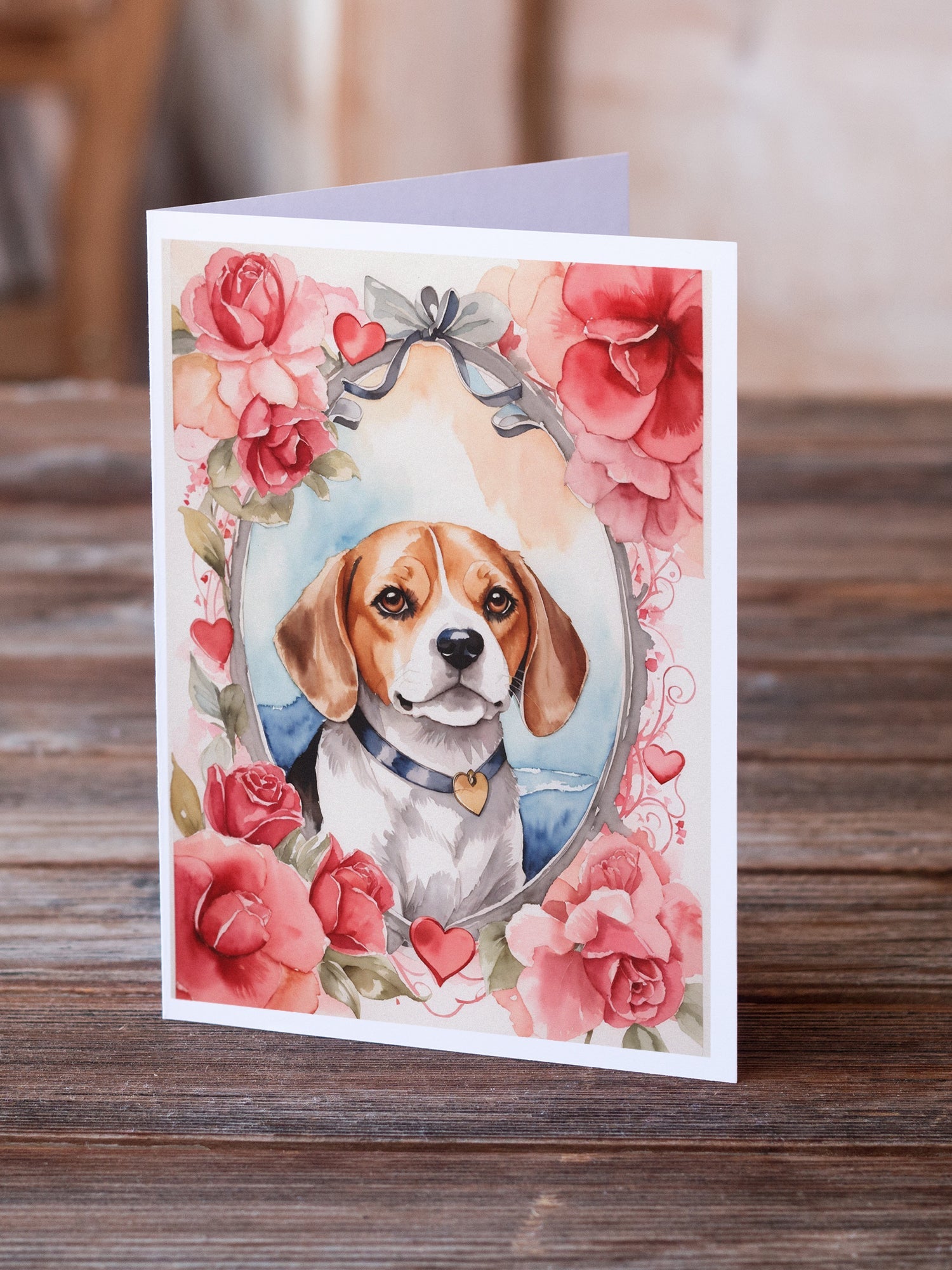 Beagle Valentine Roses Greeting Cards Pack of 8 Blank Cards with Envelopes Whimsical A7 Size 5x7